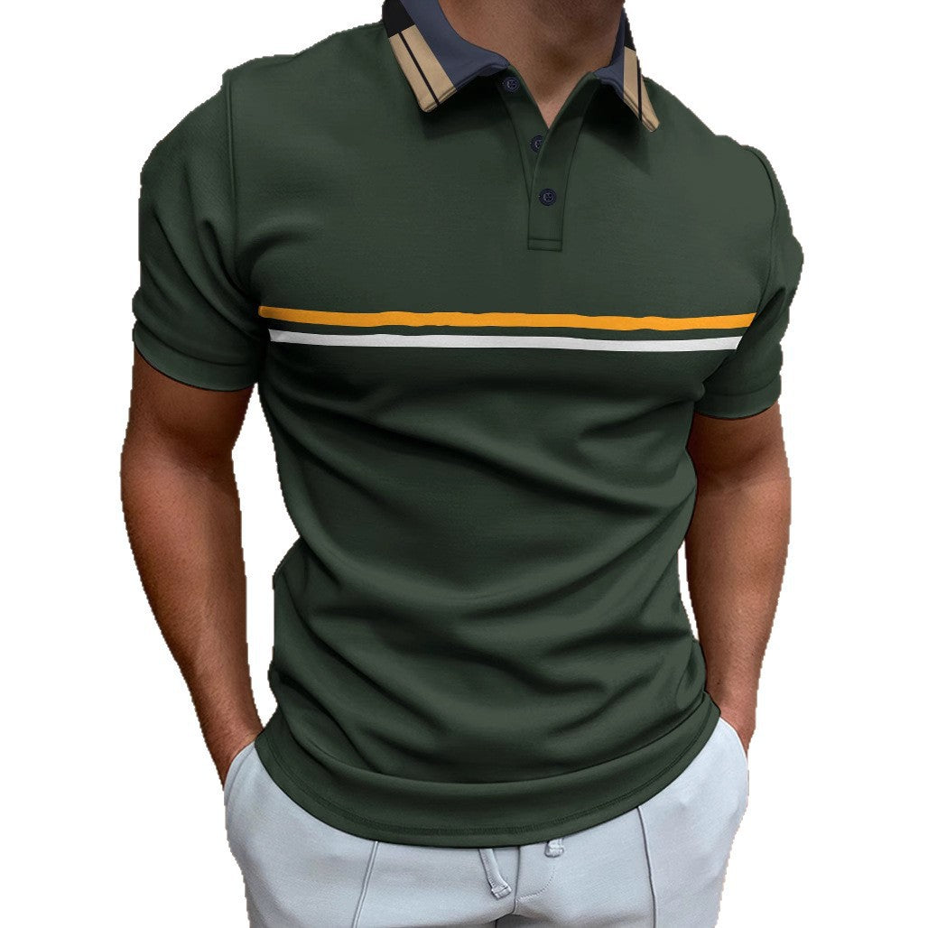 Polo shirt button up striped men's sports polo shirt with threaded collar top