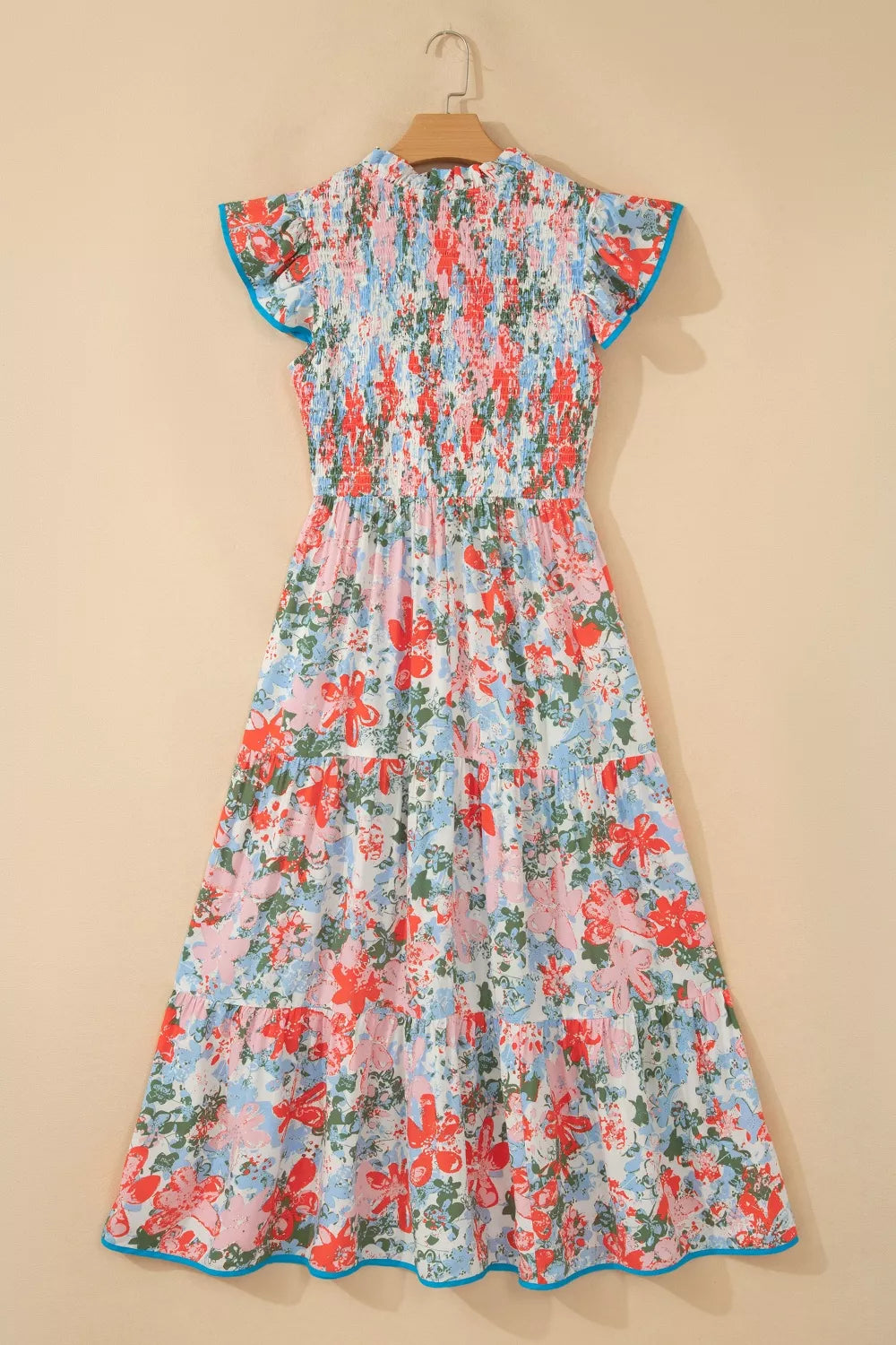 Floral Print V Neck Contrast Trim Flutter Sleeve Long Dress