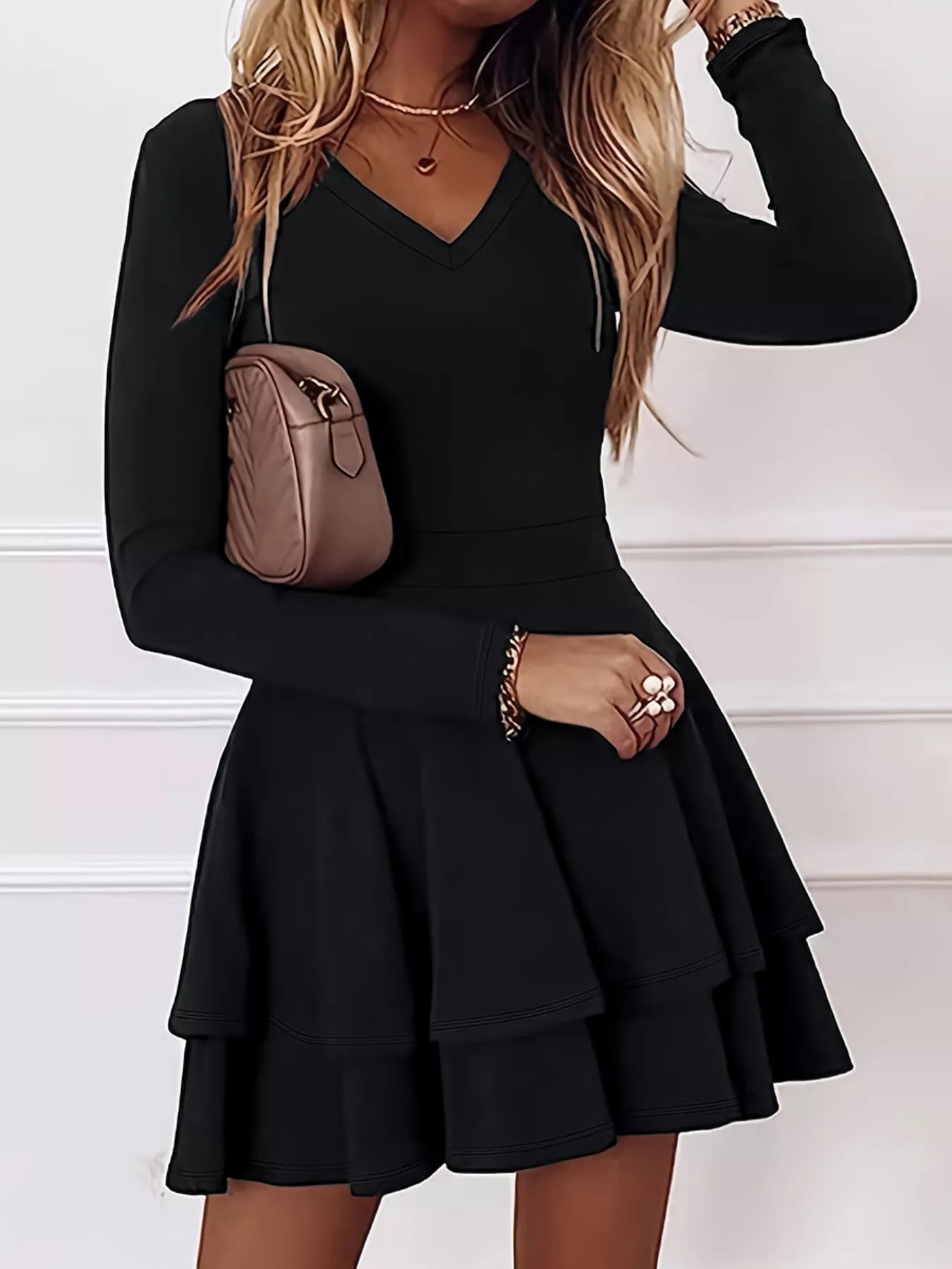 V-Neck Layered Ruffle Mini Dress