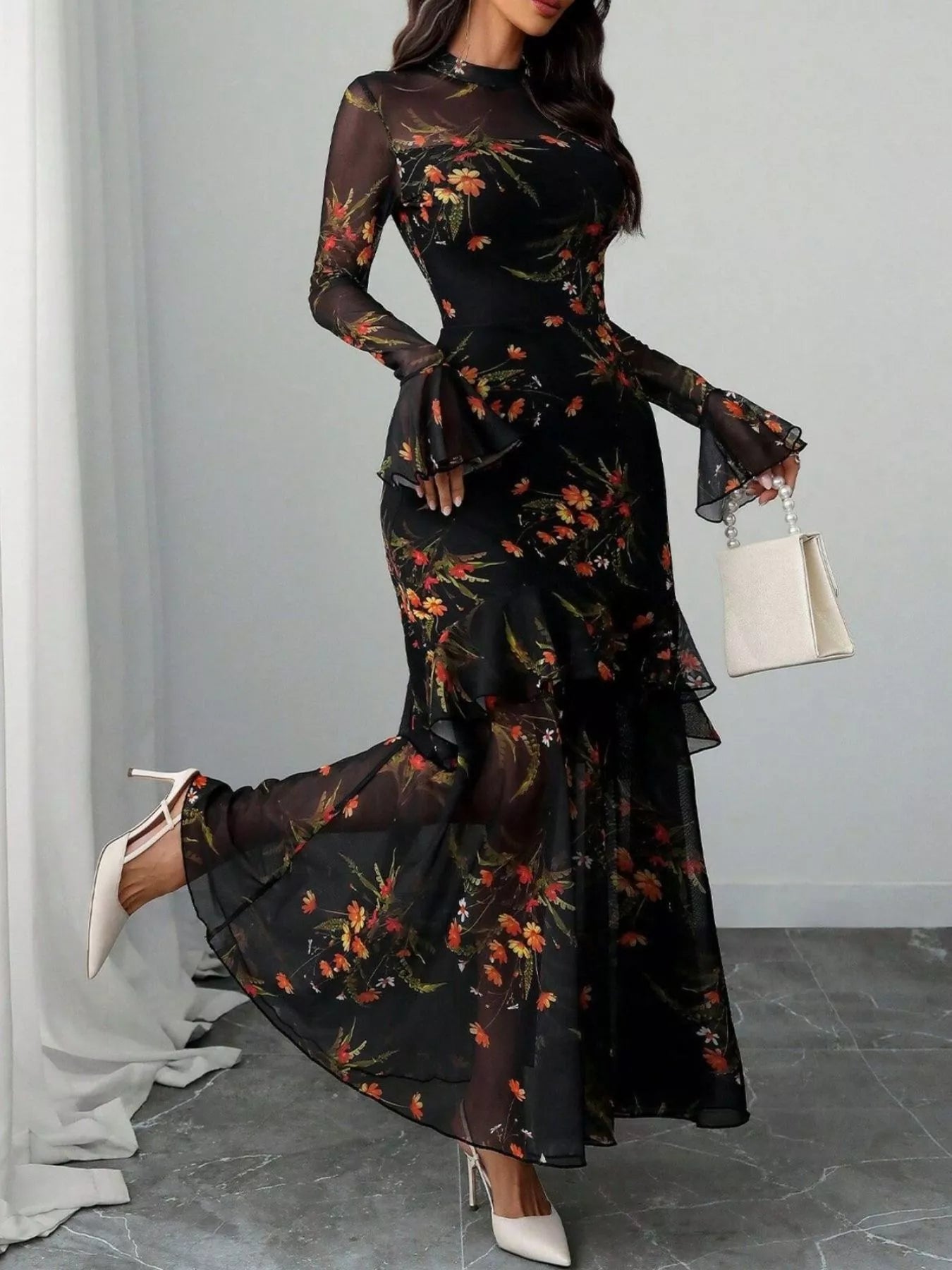 Floral Print Flounce Sleeve Mermaid Maxi Dress
