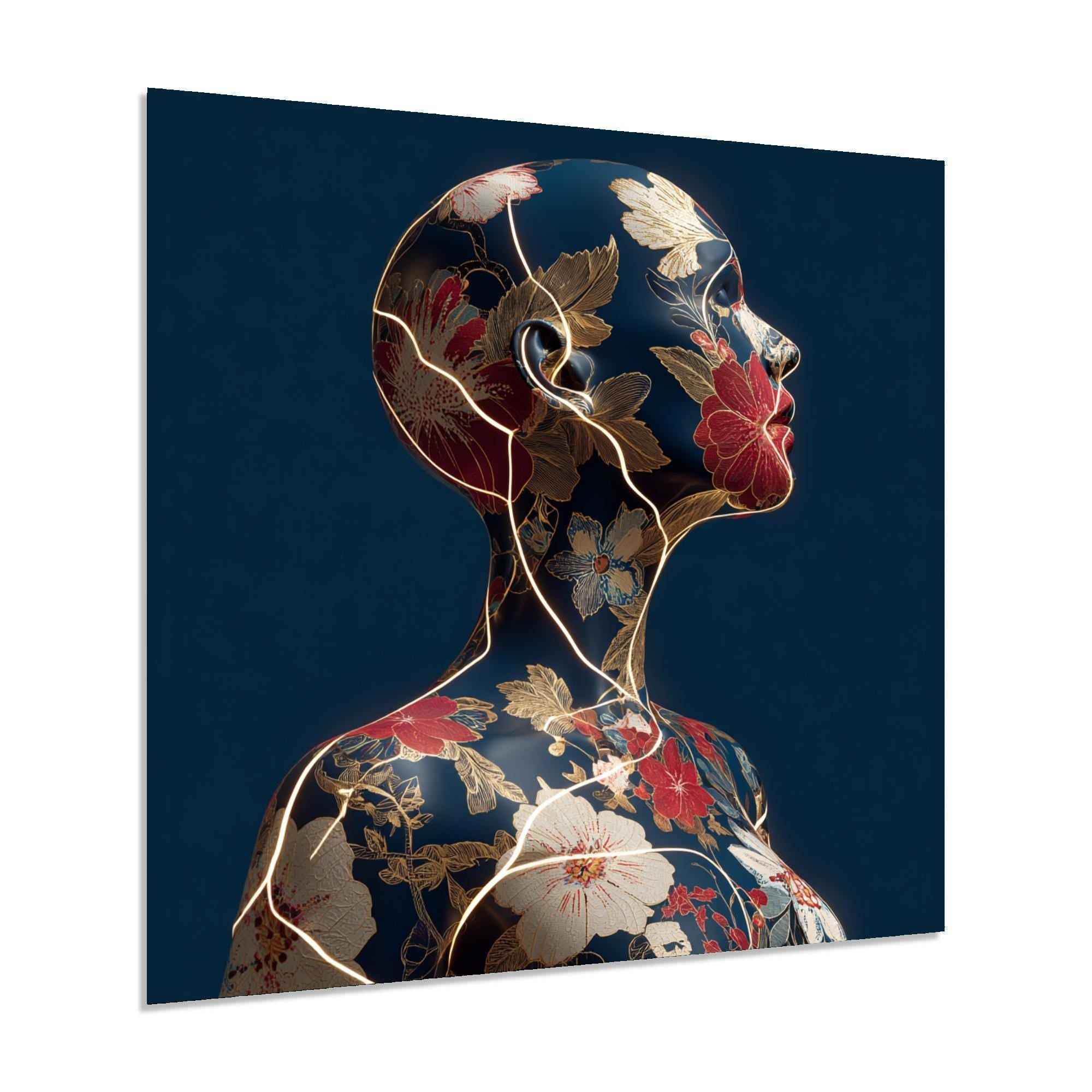 Floral Woman Tempered Glass Wall Art | Golden Crack Accent
