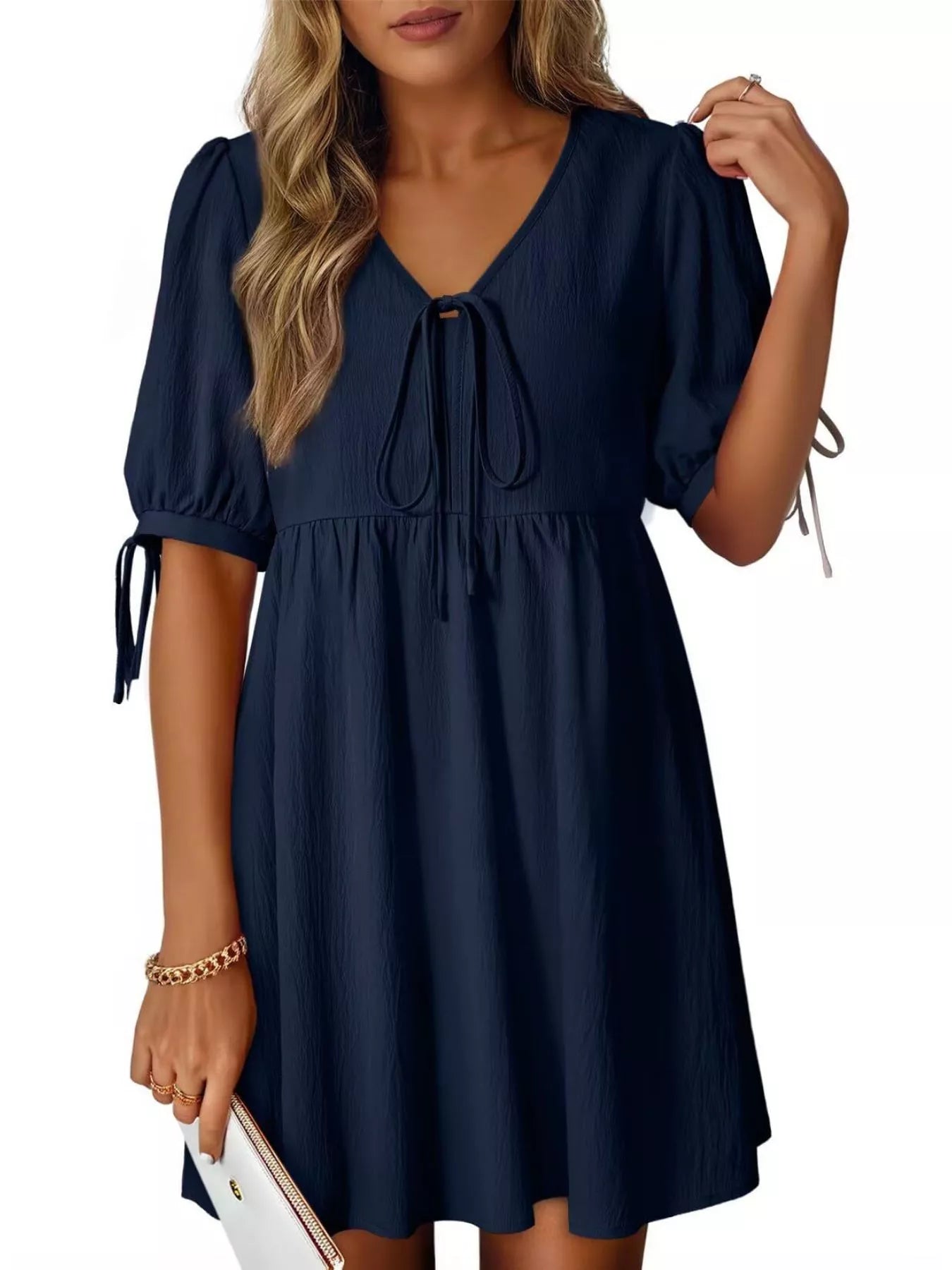 Tie-Neck Puff Sleeve A-Line Mini Dress