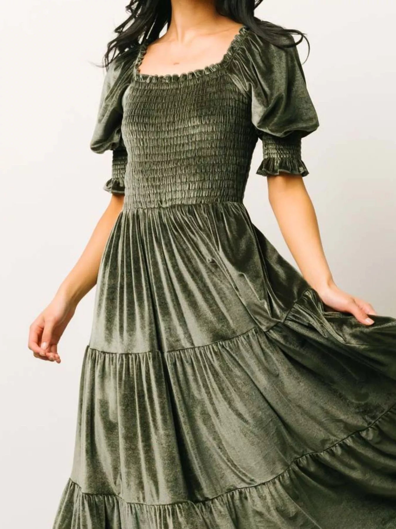 Velvet Smocked Tiered Midi Dress