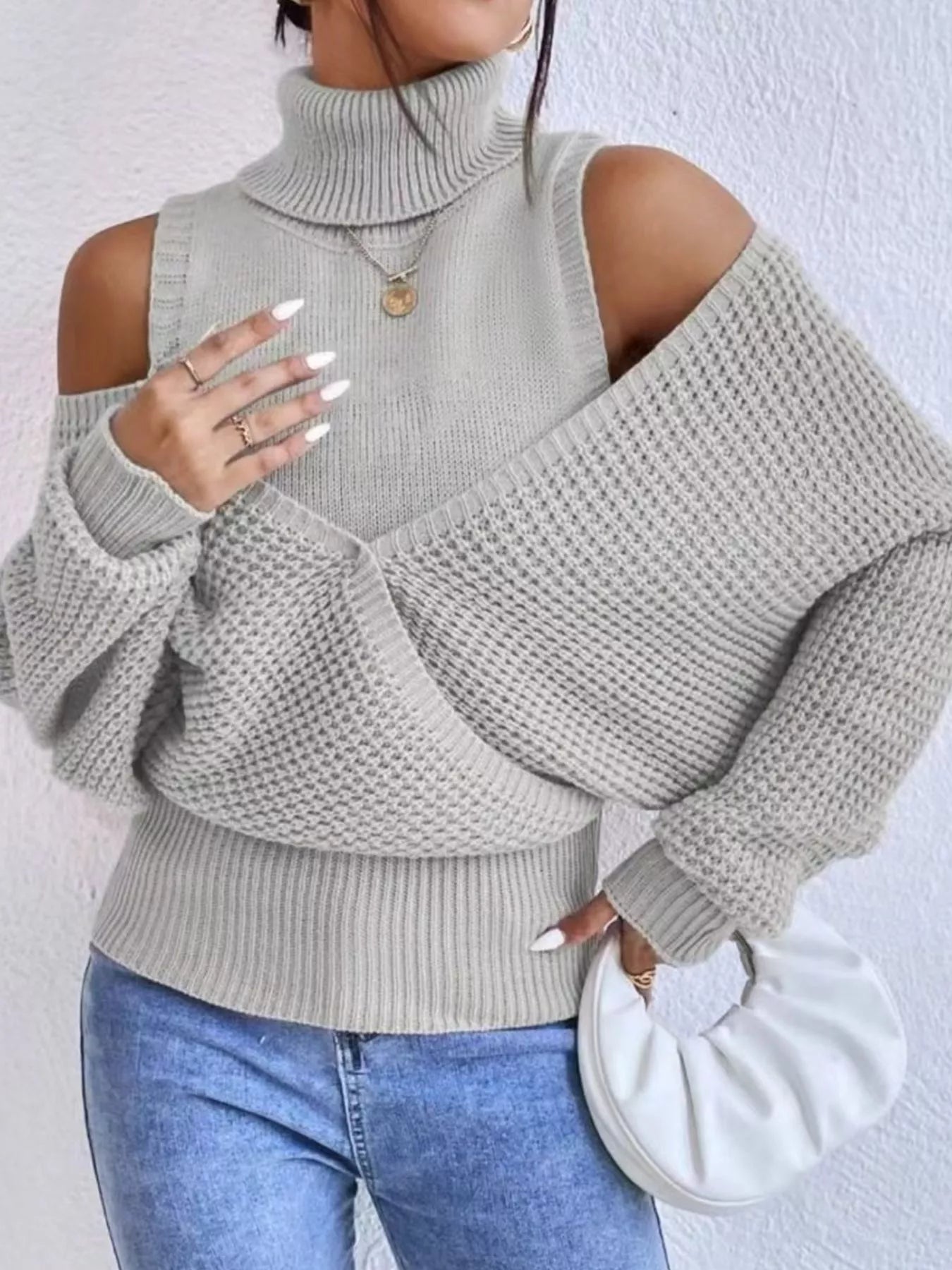 Waffle Knit Cold Shoulder Turtleneck Sweater