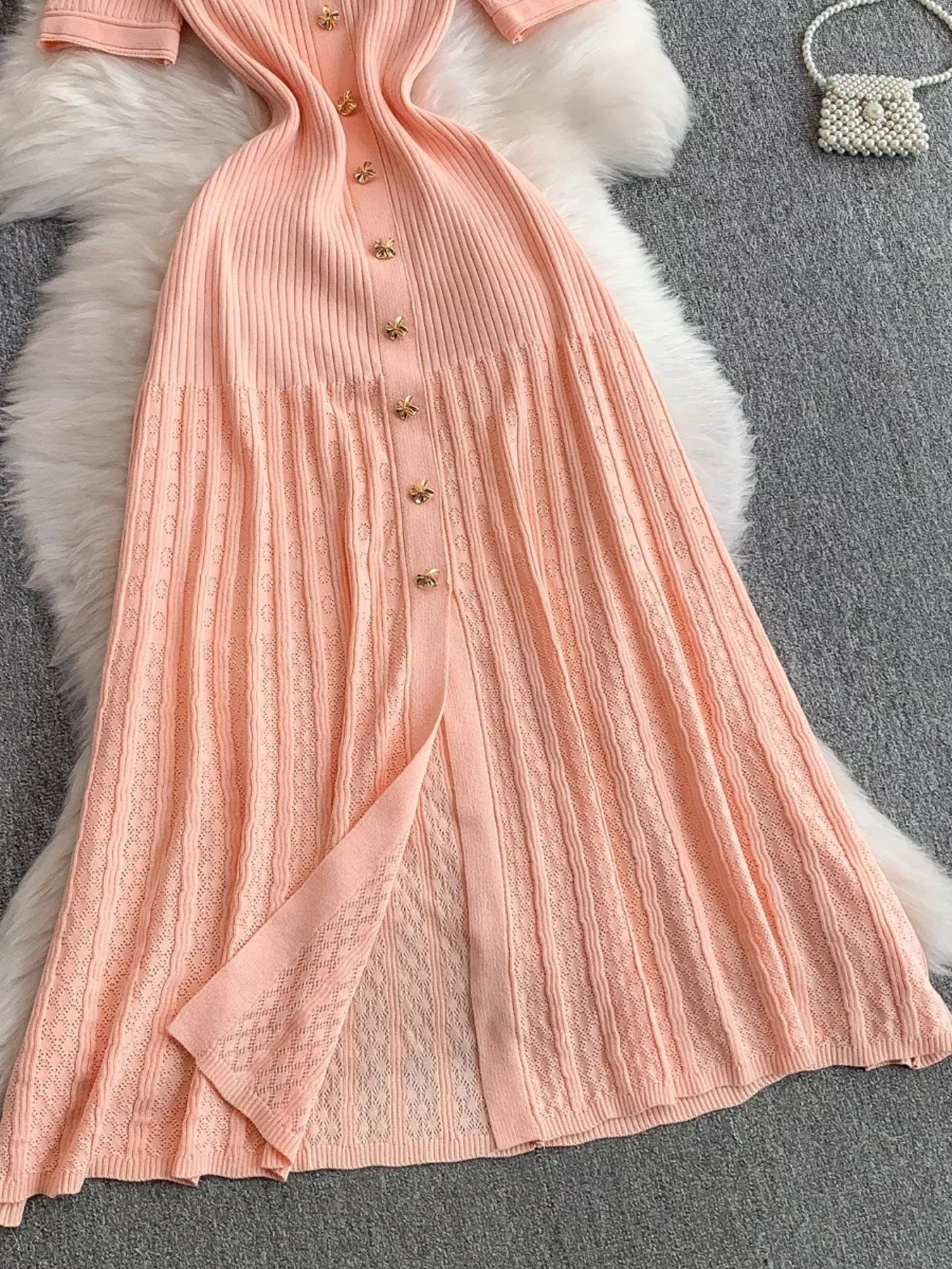 Button Front Ribbed Knit Midi Dress