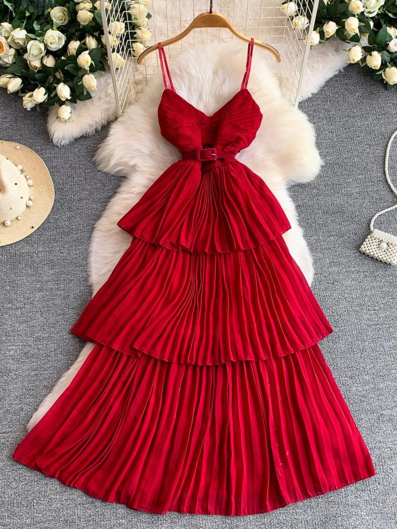 Pleated Layered Spaghetti Strap Midi Dress