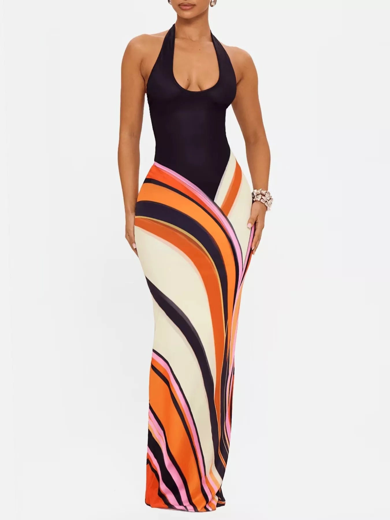 Halter Neck Maxi Dress with Abstract Print