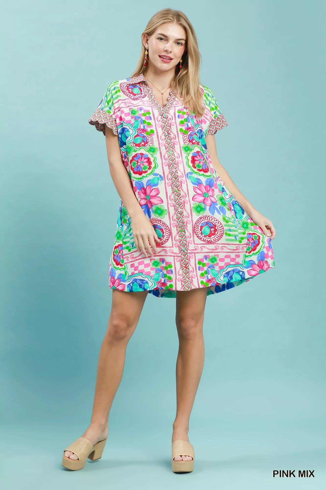 Umgee Mediterranean Print Dress with Contrast Printed Trim