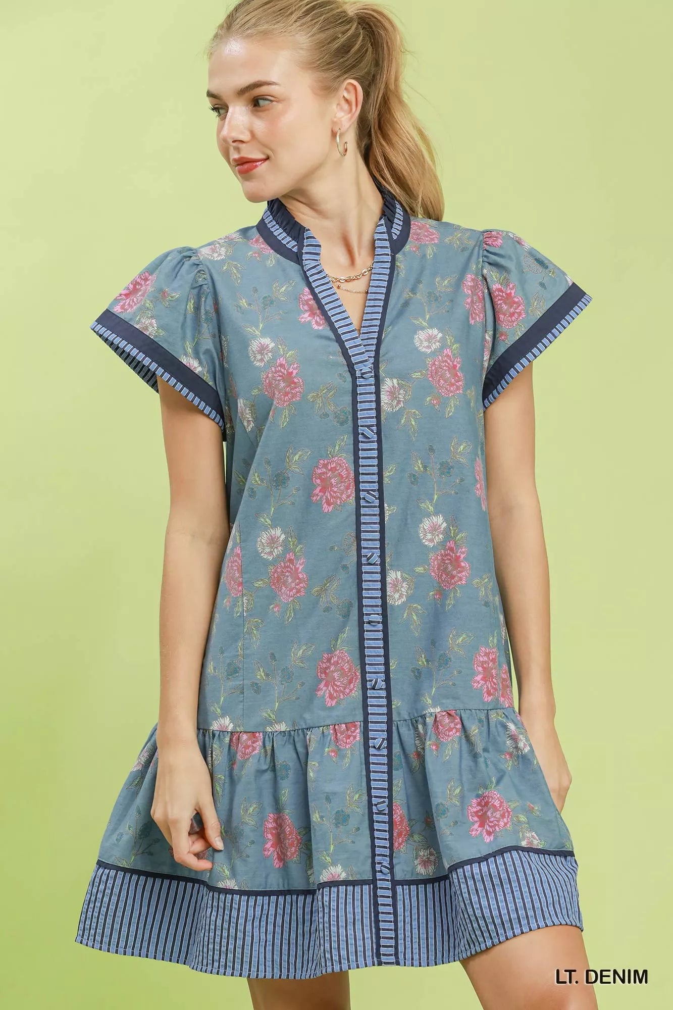 Umgee Floral Contrast Trim Ruffle Hem Mini Dress