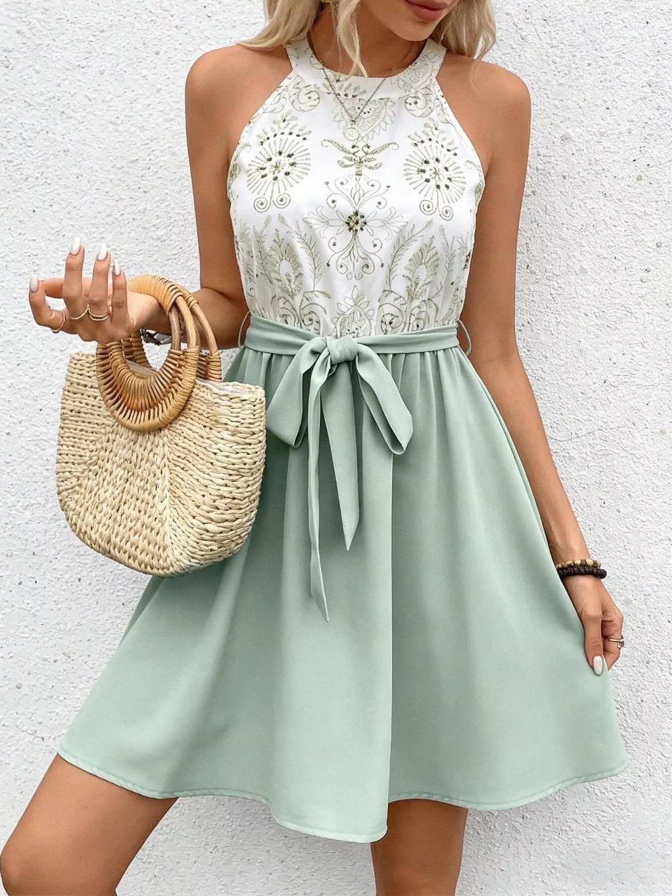 Sleeveless Tie Waist A-Line Dress