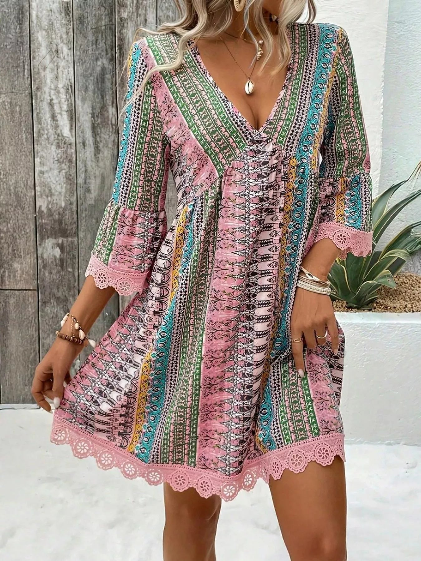 Printed V-Neck A-Line Dress