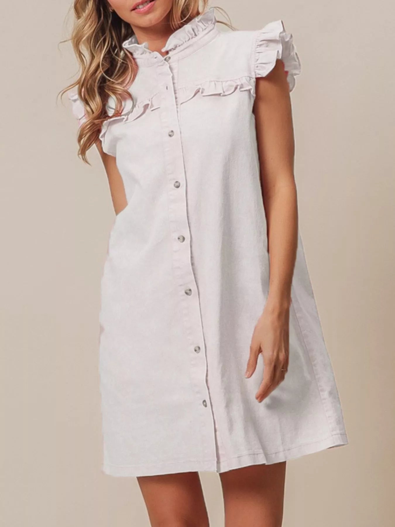 Ruffled Trim Button-Down Denim Dress