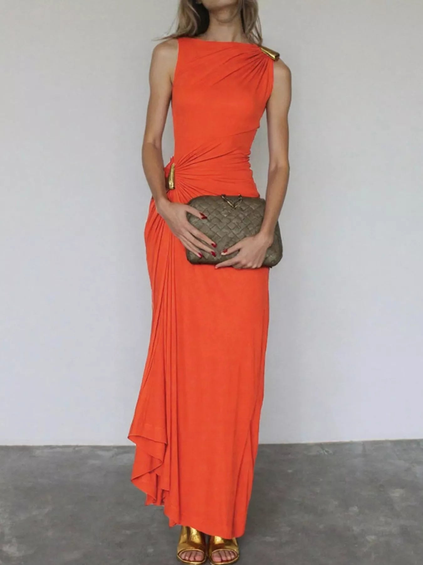 Draped Sleeveless Bodycon Maxi Dress with Metal Decorative
