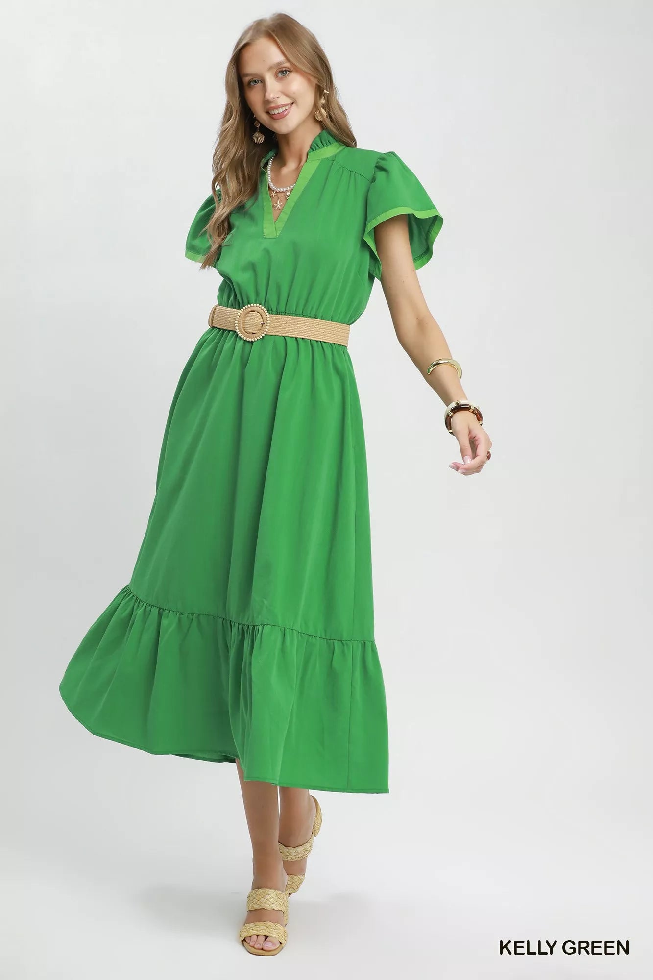 Umgee Contrast Trim Midi Dress with Tiered Ruffle Hem
