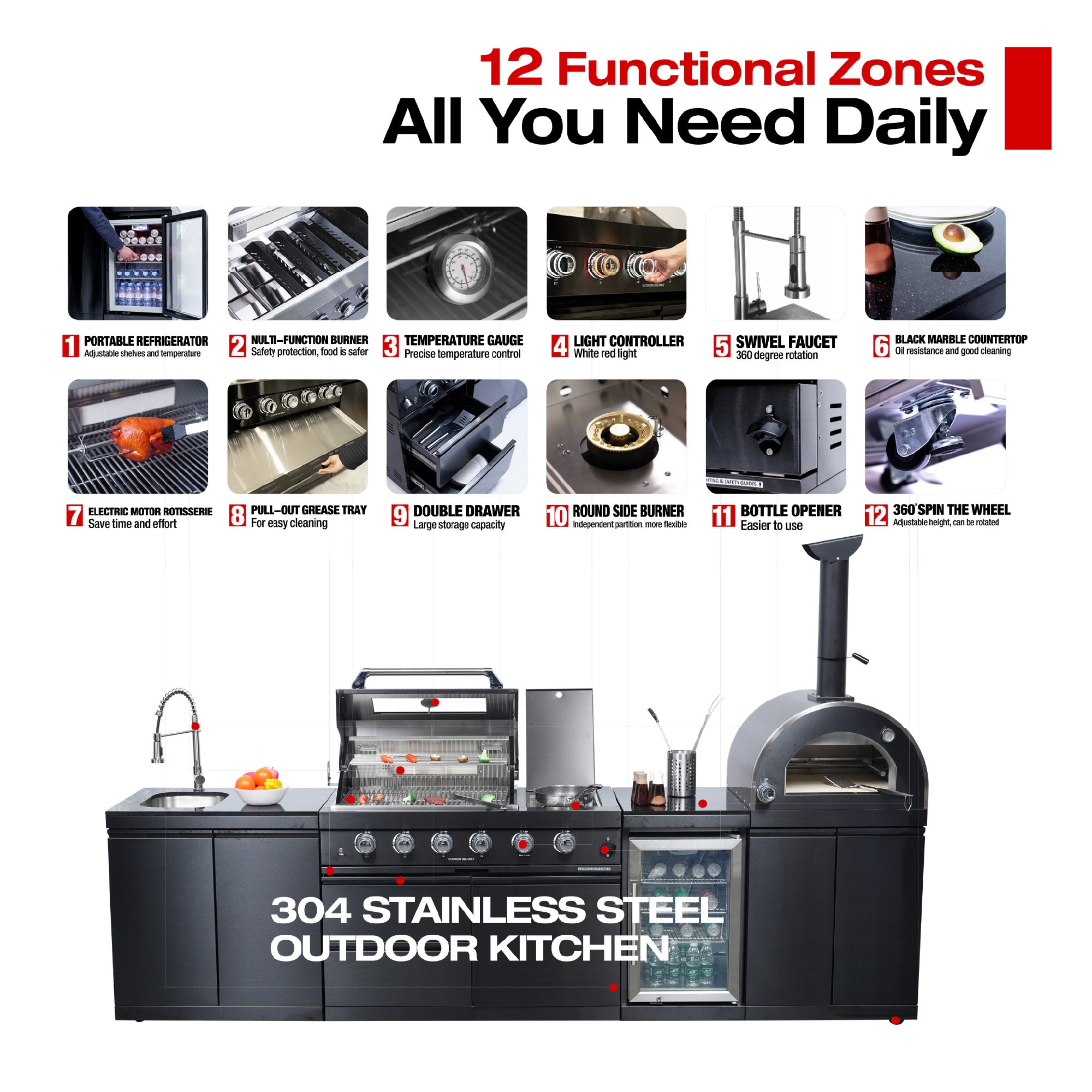 Black 125-Inch Double Stainless Steel Gas Outdoor Kitchen Grill