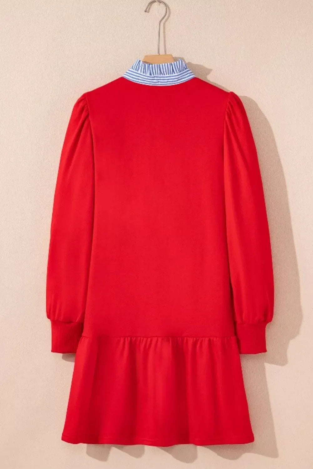 Contrast Striped Collar Patchwork Puff Sleeve Ruffle Hem Mini Dress