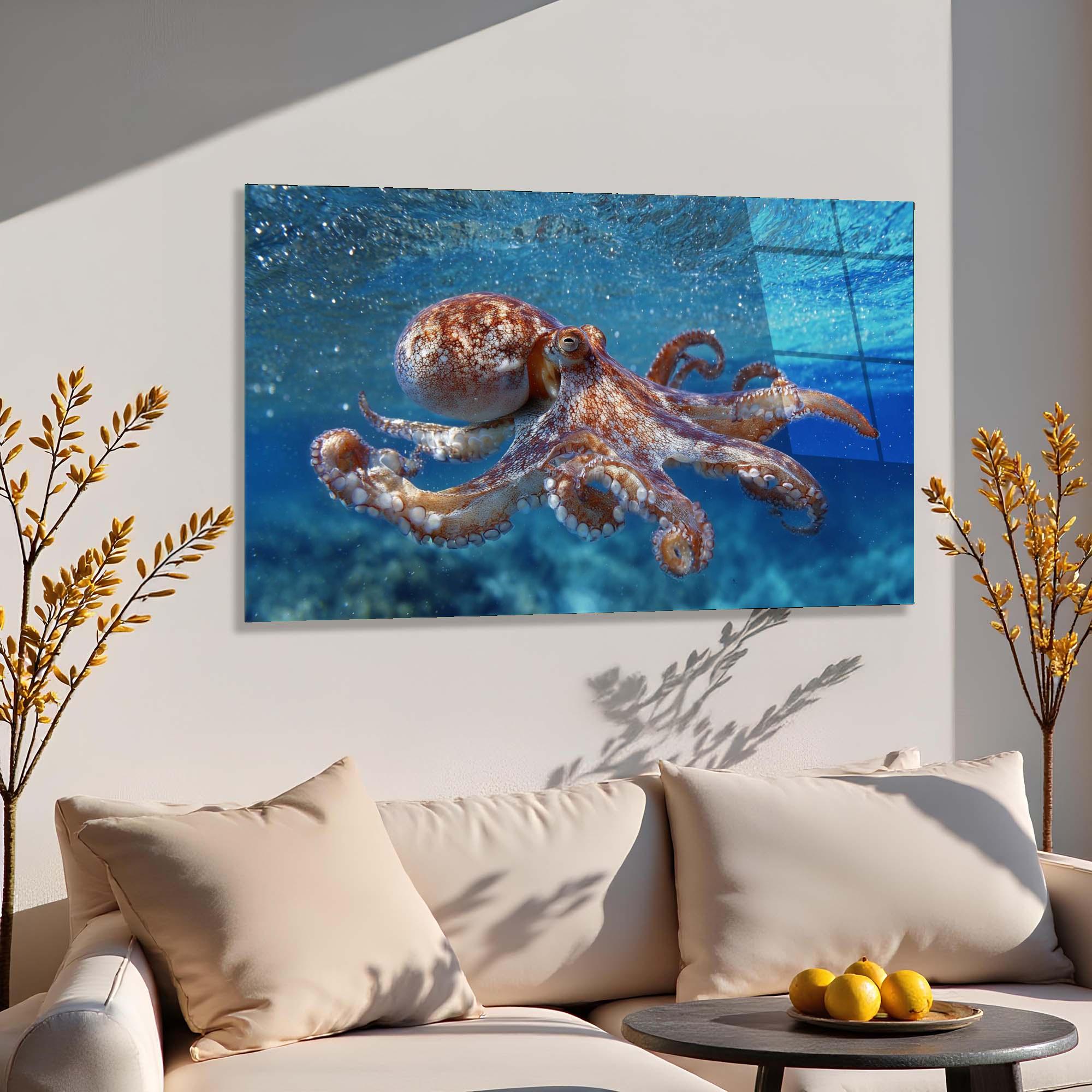 Octopus Tempered Glass Wall Art | Marine Life Coastal Decor
