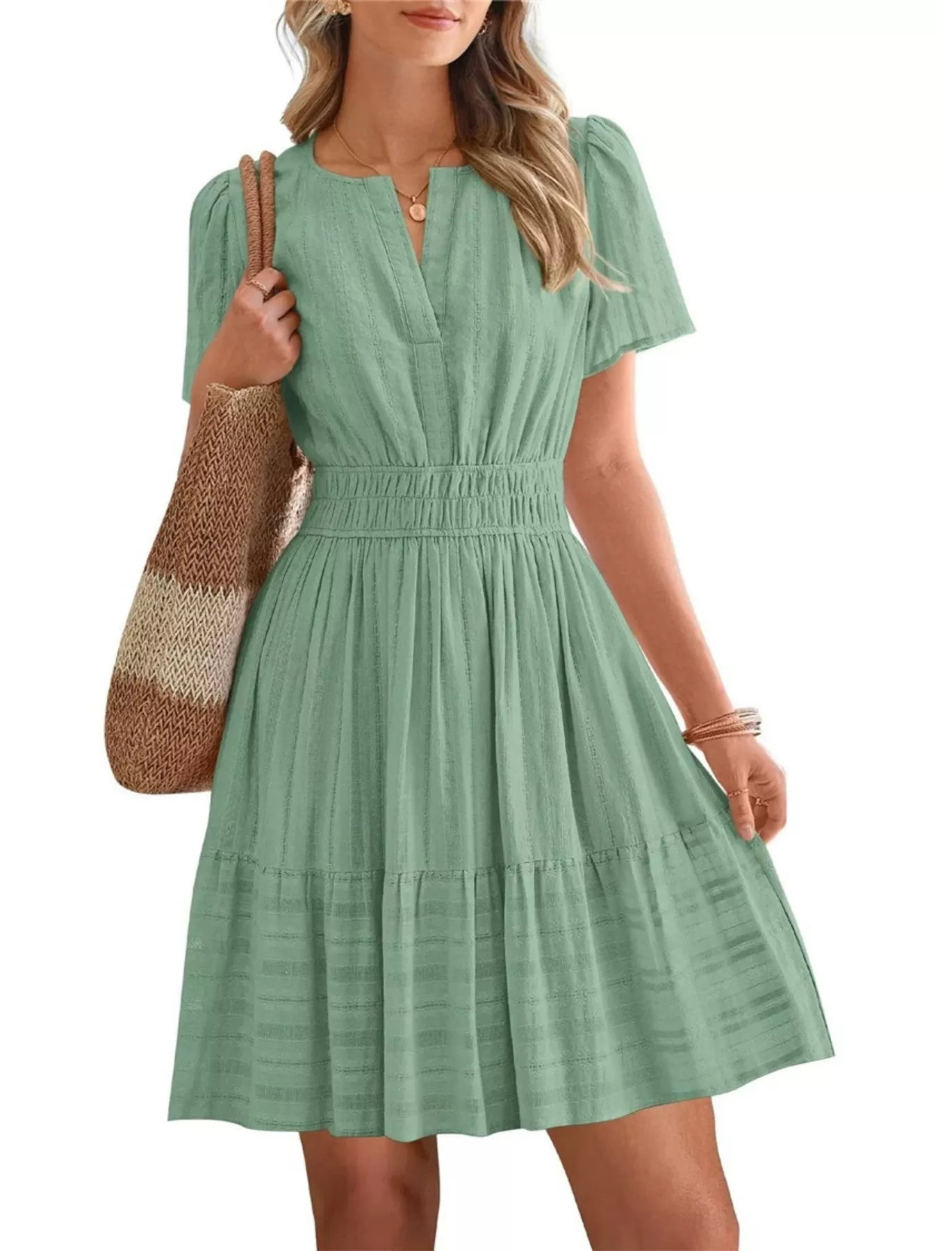 Short Sleeve Smocked Waist Tiered Dress