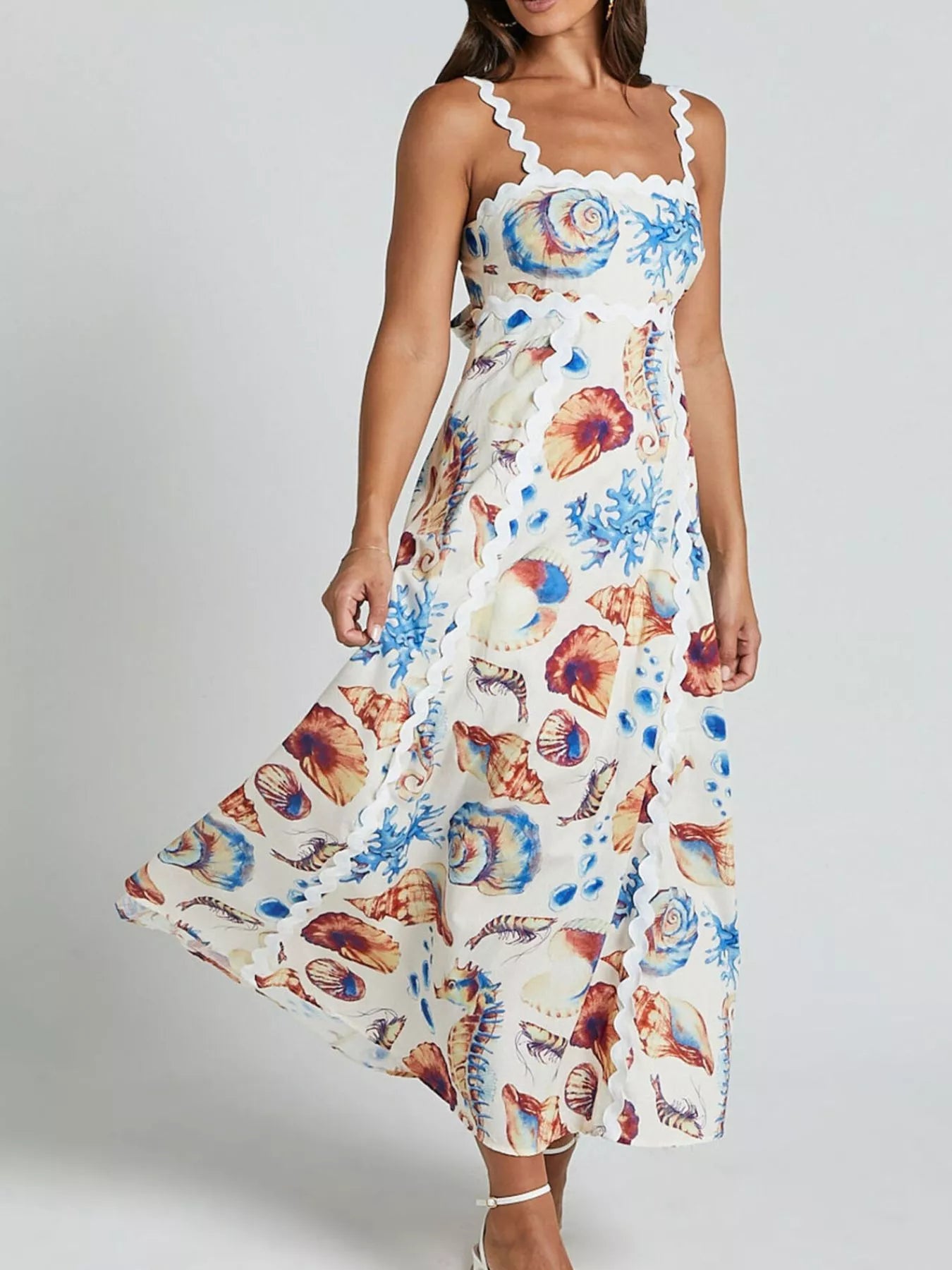 Seashell Print Scalloped Midi Dress