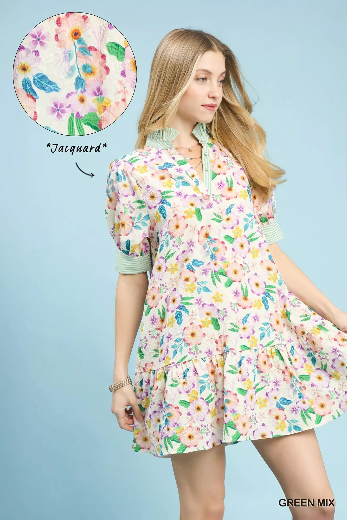 Umgee Mix Floral Ruffle Collar Tiered Babydoll Dress