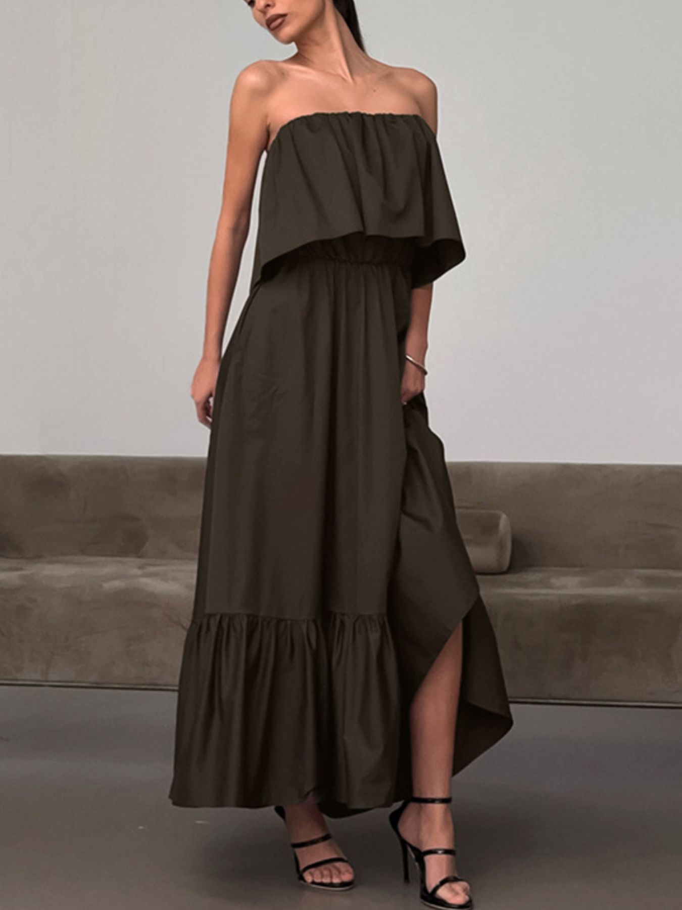 Off-Shoulder Ruffle Hem Maxi Dress