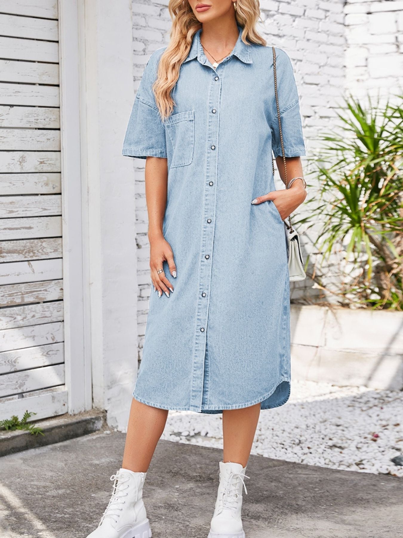 Casual Button-Down Half Sleeve Denim Dress