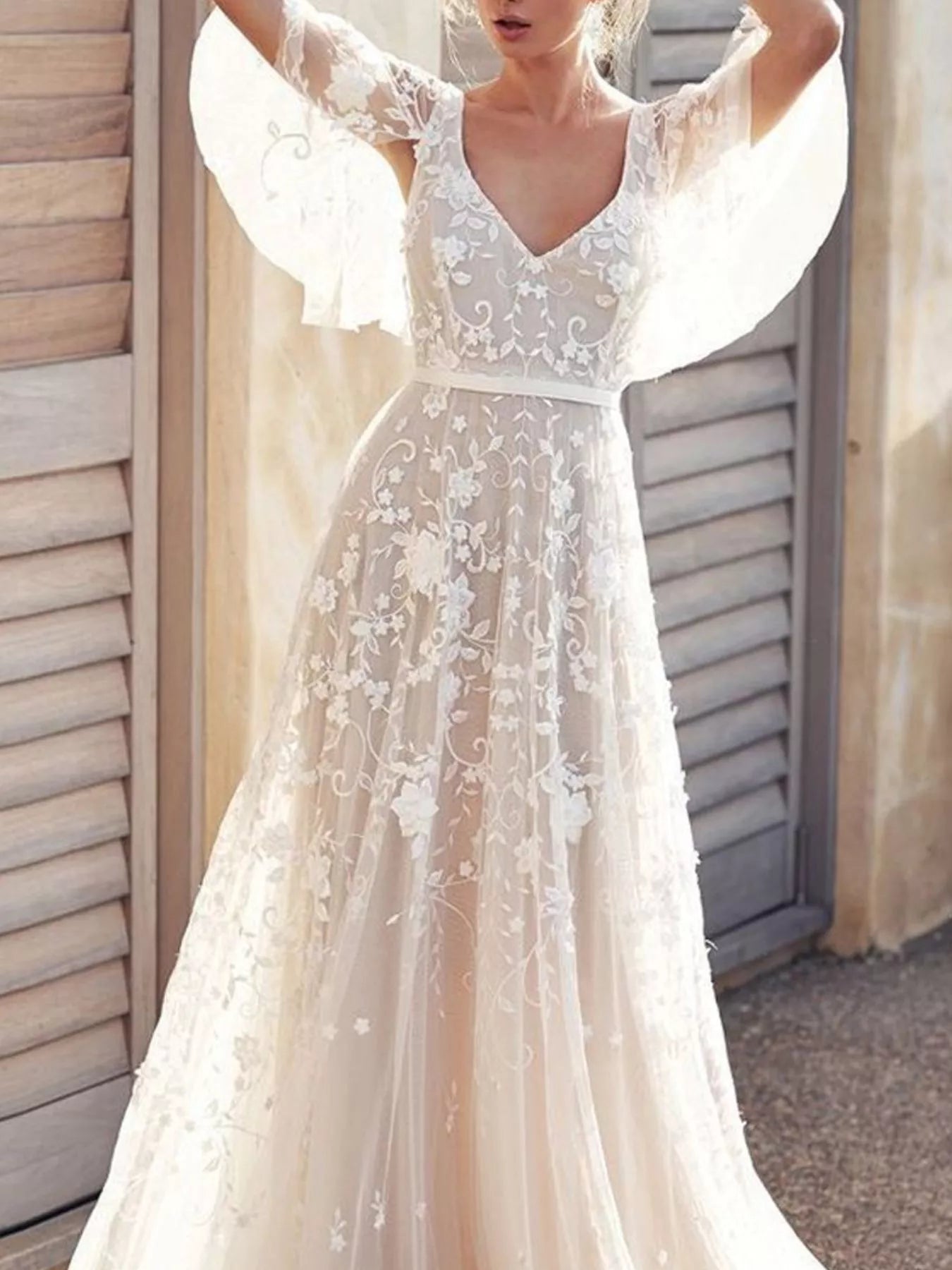 Full Size Lace Flutter Sleeve V-Neck Dress Plus Size