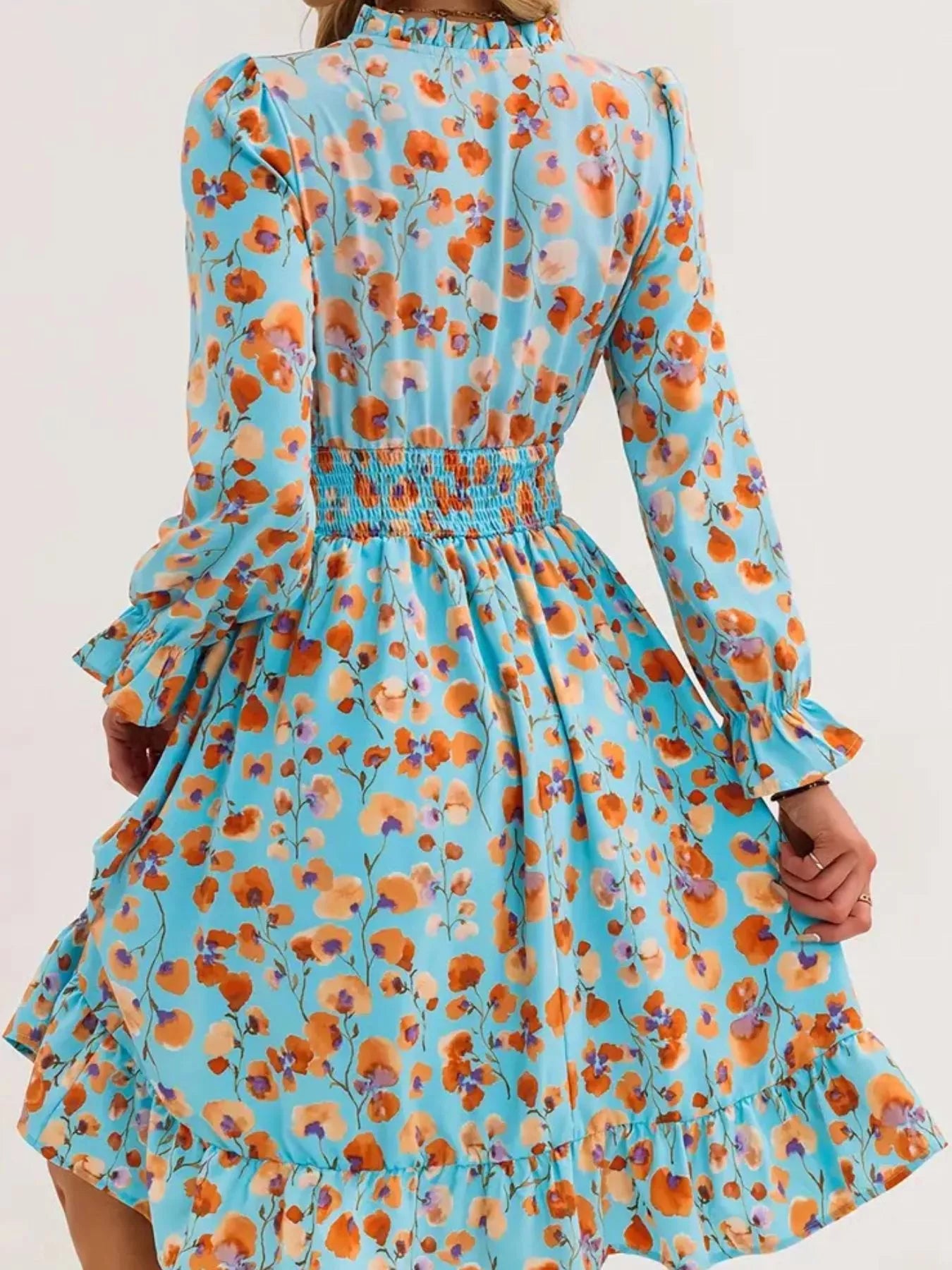 Floral Notched Flounce Sleeve Dress