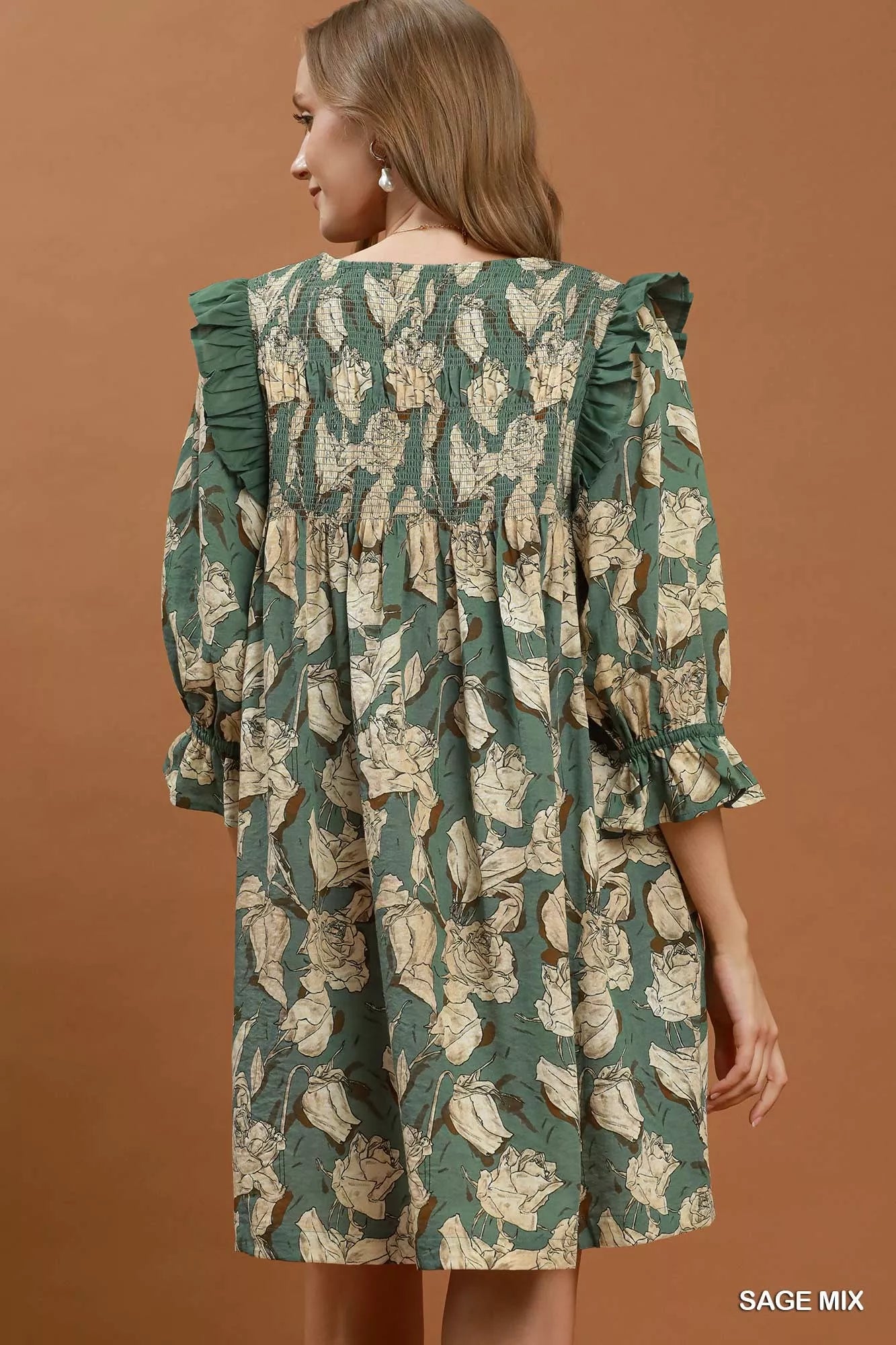 Umgee Mix Floral Print Smocked Ruffle Detail Flowy Dress