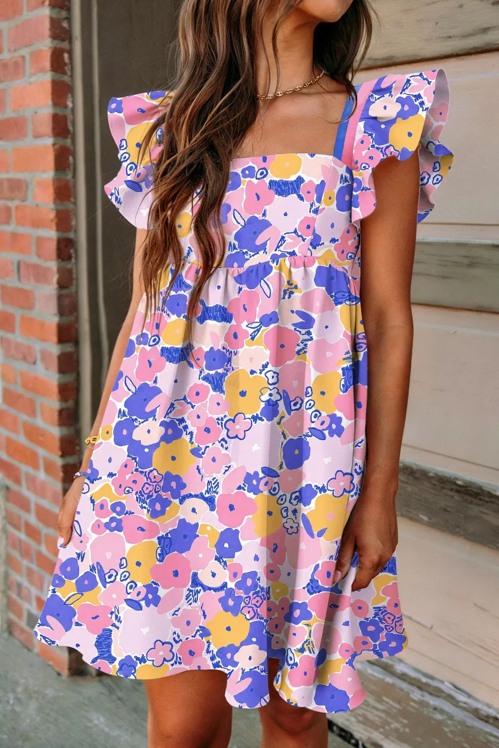 Floral Print Flutter Sleeve Striped Trim Square Neck Loose Mini Dress