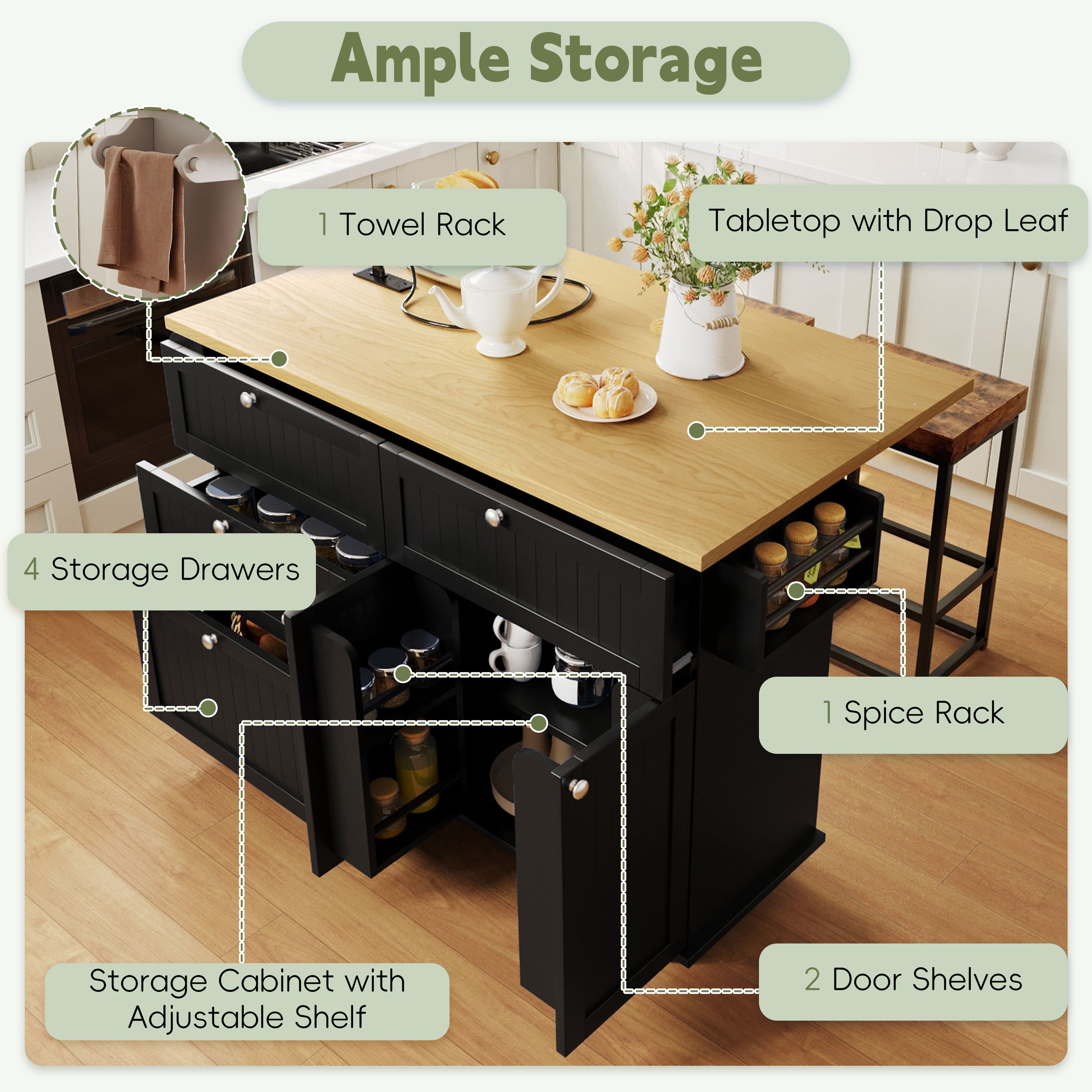 TOPMAX Farmhouse Kitchen Island with Drop Leaf and 2 Seatings