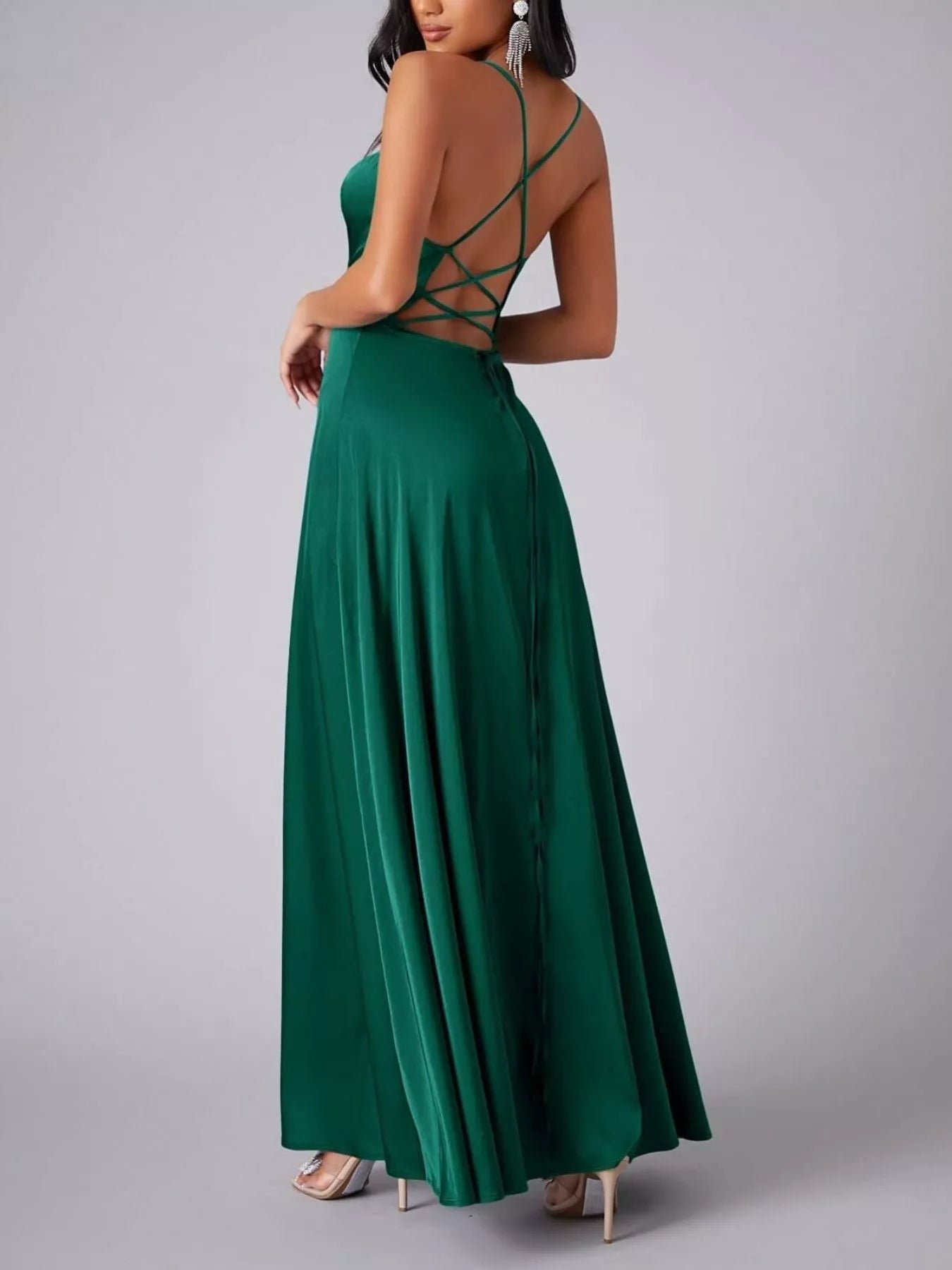 Lace Up Back Split Maxi Dress