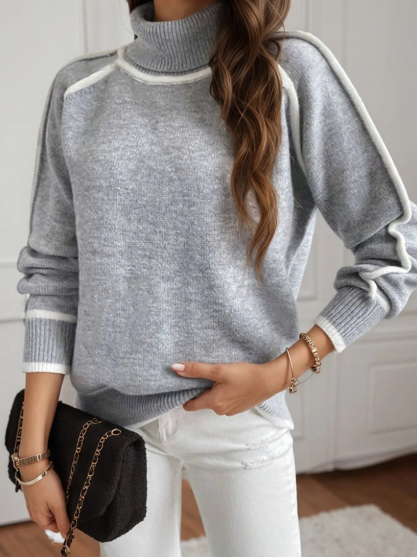 Turtleneck Contrast Trim Sweater with Ribbed Details