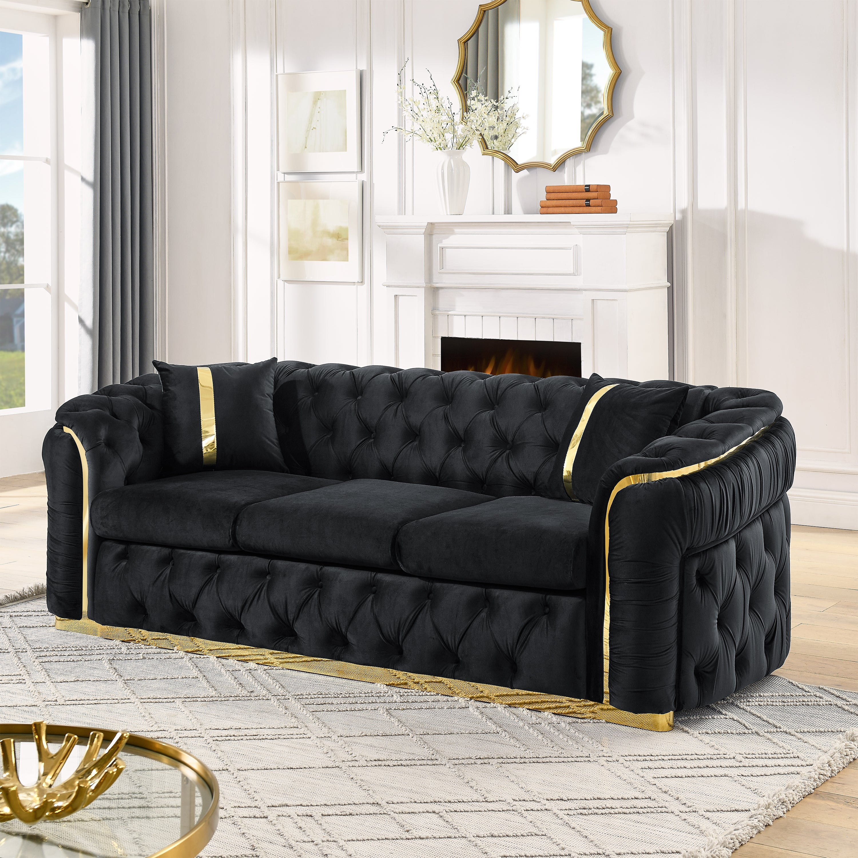 90.6 Inches Velvet Button Tufted Sofa Couch with 2 Pillows