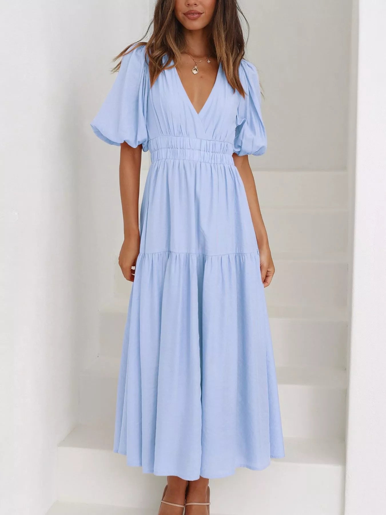 V-Neck Puff Sleeve Midi Dress