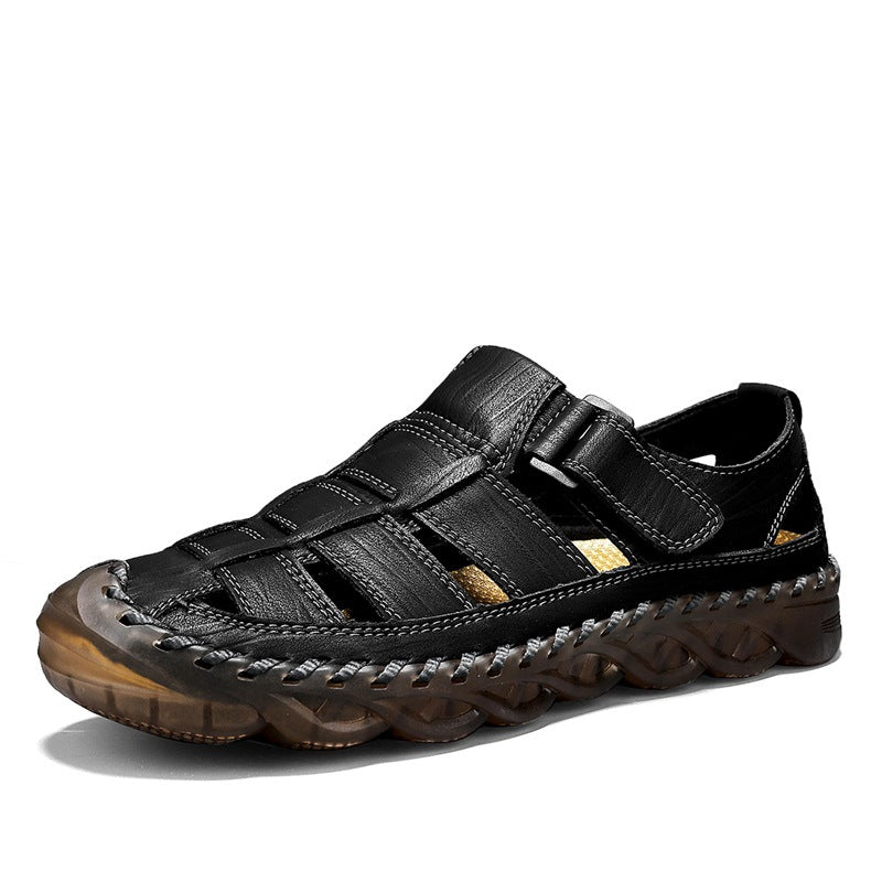 Mens Beach Sandals Outdoor Casual Leather Closed-Toe Wear-Resistant Breathable Shoes For Men