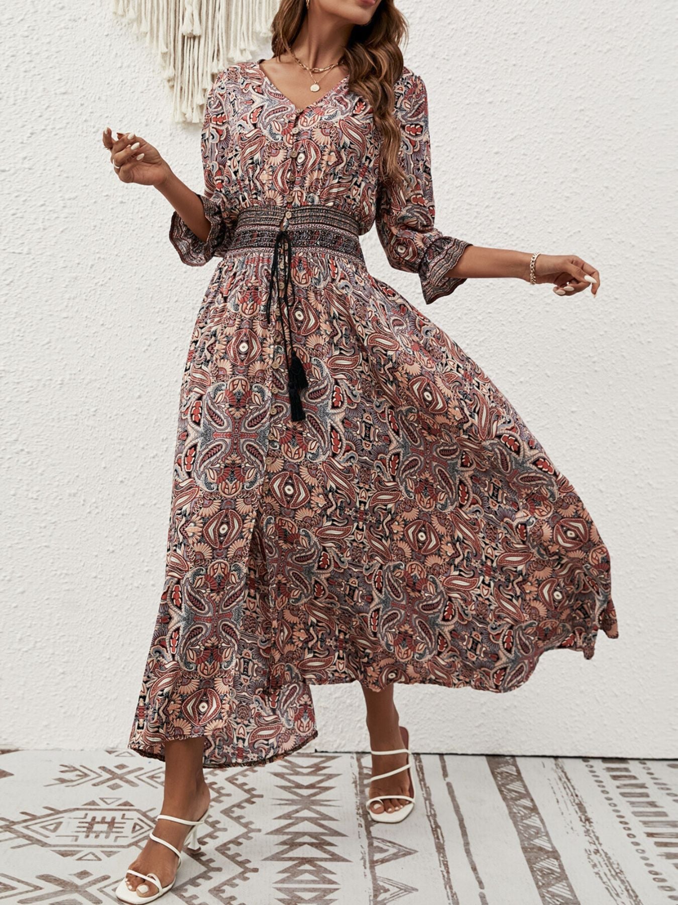 Paisley Print Half Sleeve Slit Midi Dress