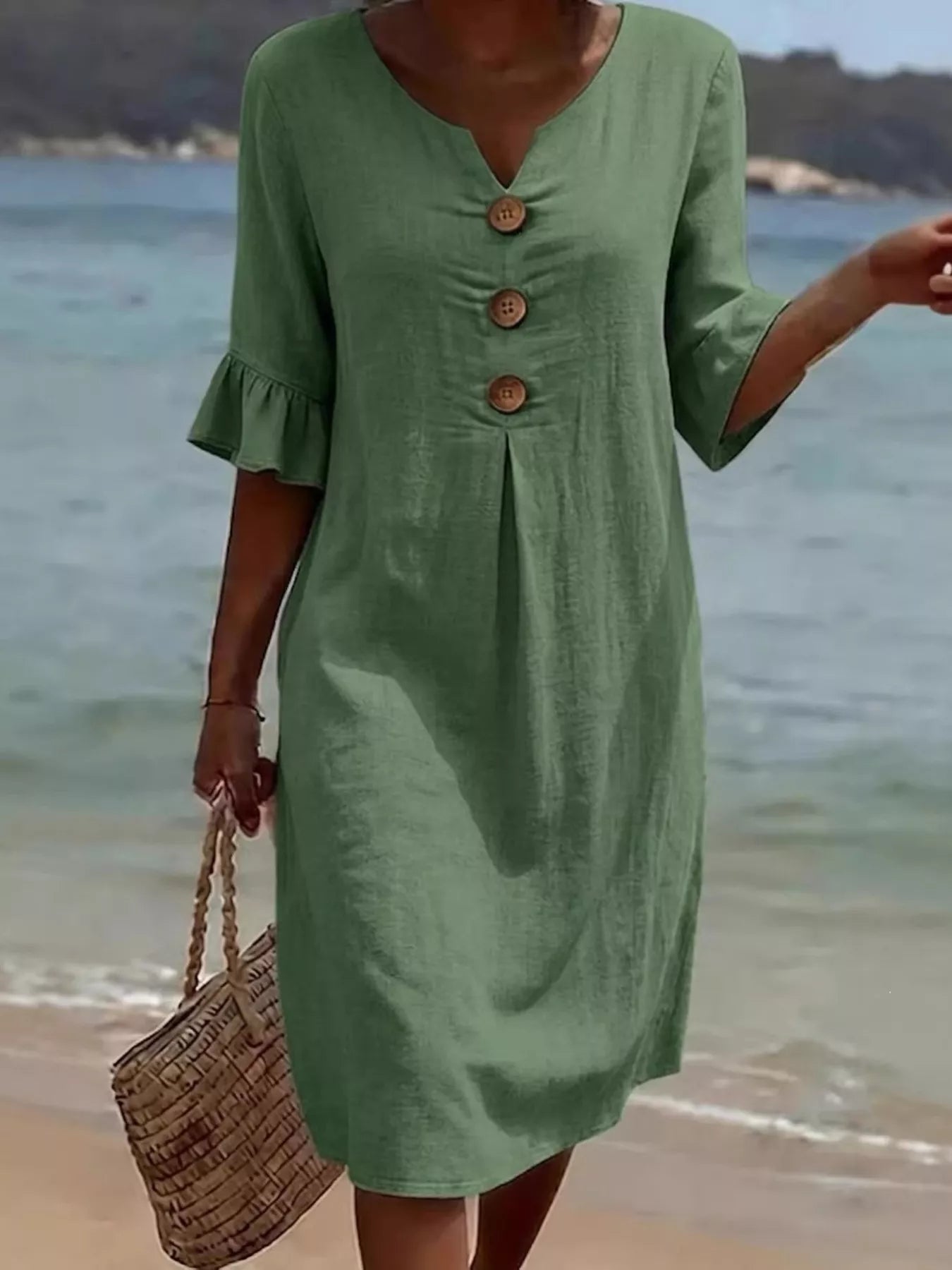 Full Size Button Decor Ruffle Sleeve Midi Dress Plus Size