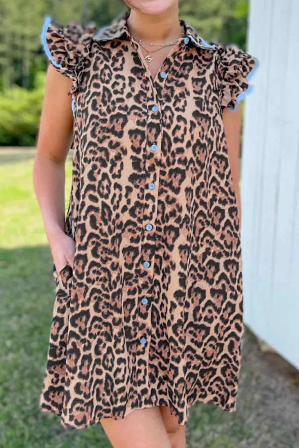 Leopard Print Lace Trim Shirt Collar Button Down Loose Mini Dress