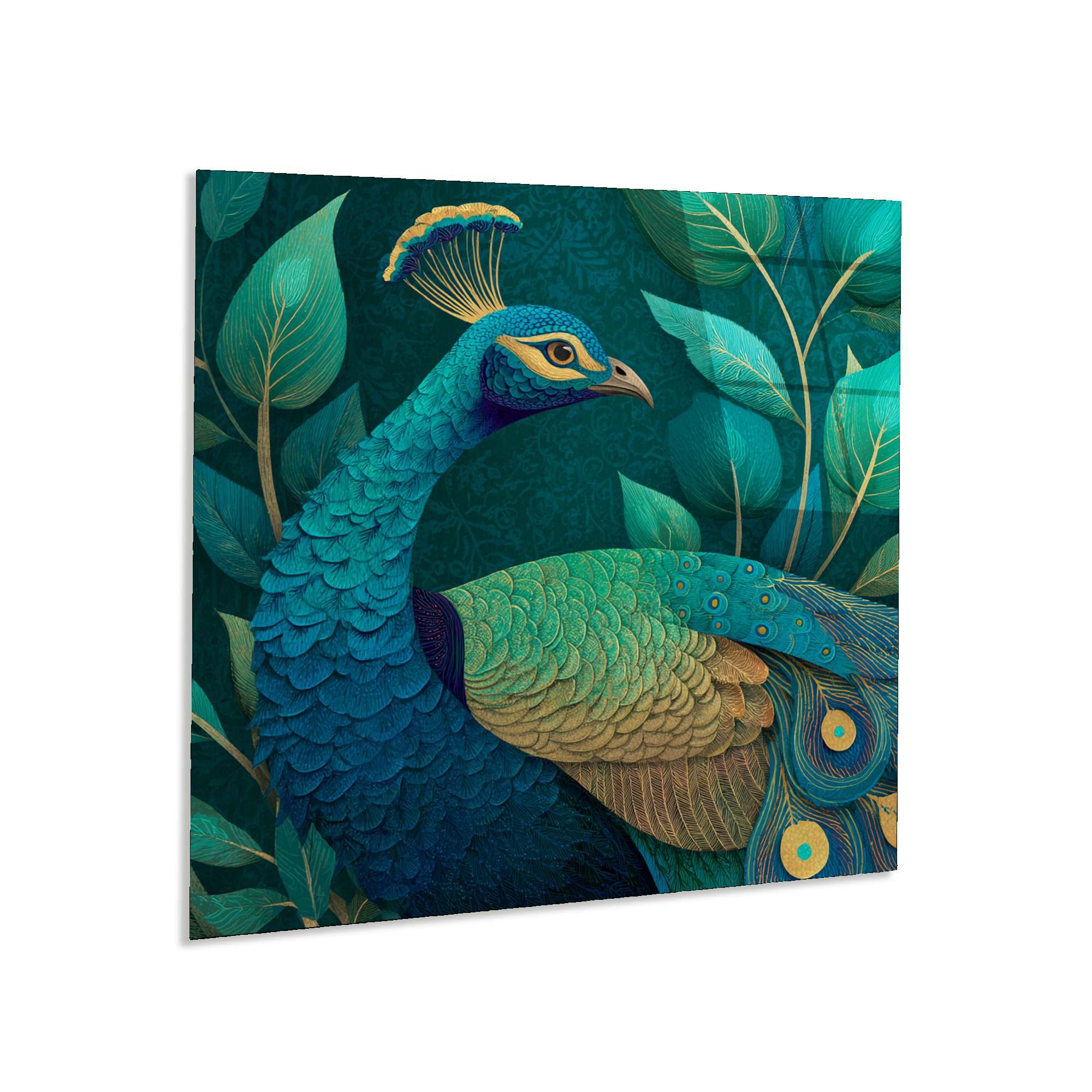 Teal & Gold Peacock Tempered Glass Wall Art | Elegant Home Decor