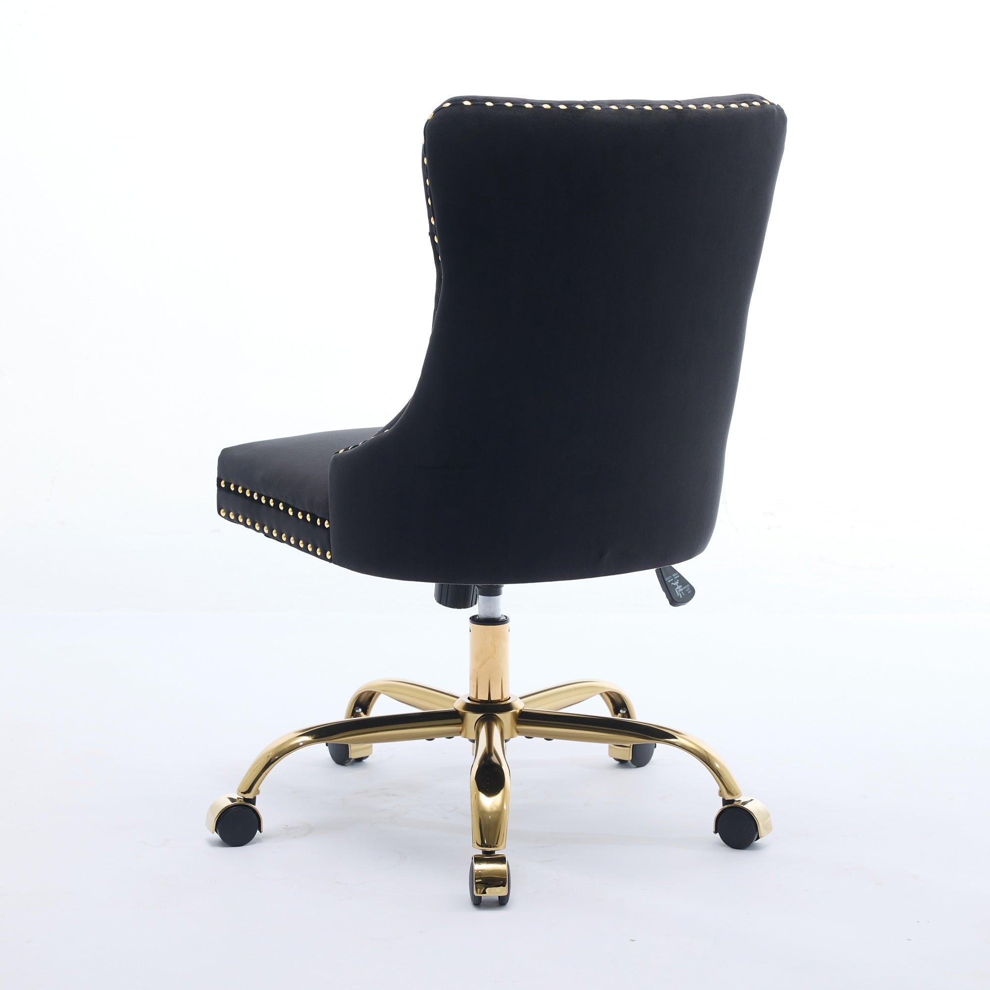 Swivel Office Chair Velvet Black Tufted Button Gold Metal Base 24.8x38.6 In
