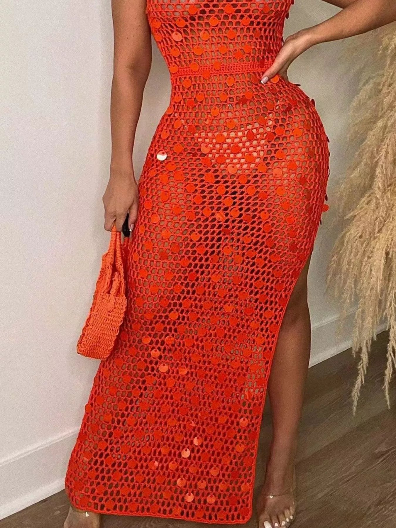 Sequin Embellished Crochet Maxi Dress with High Slit