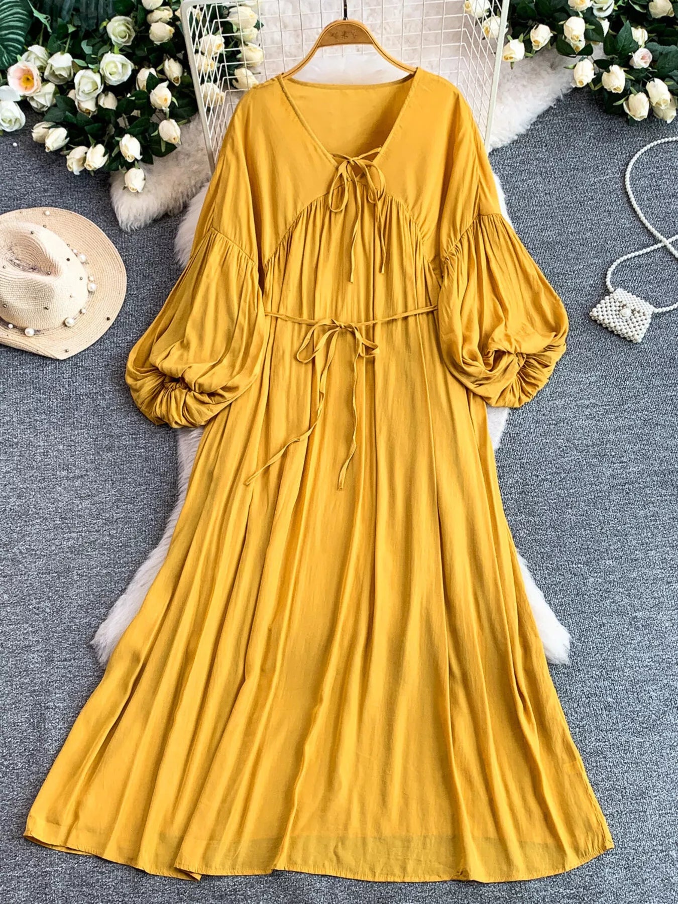 Balloon Sleeve Tie-Waist Dress
