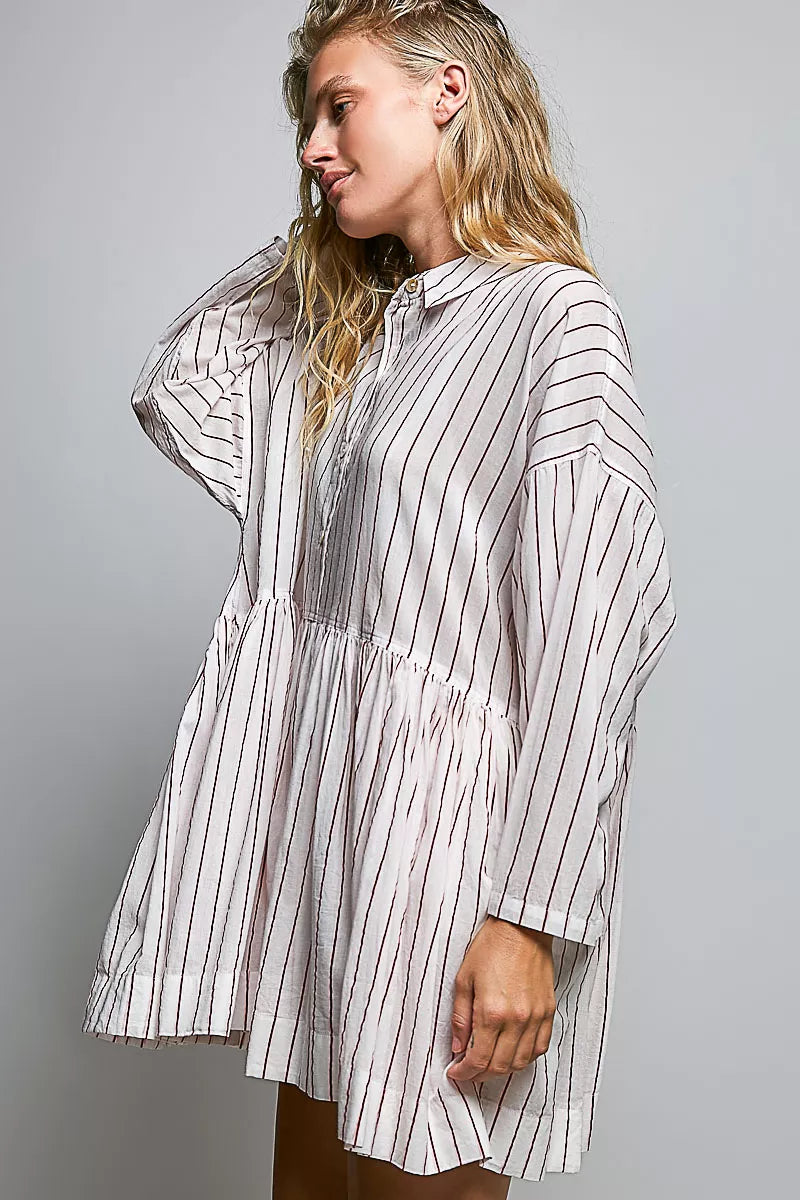 POL Striped Gathered Waist Woven Shirt Dress