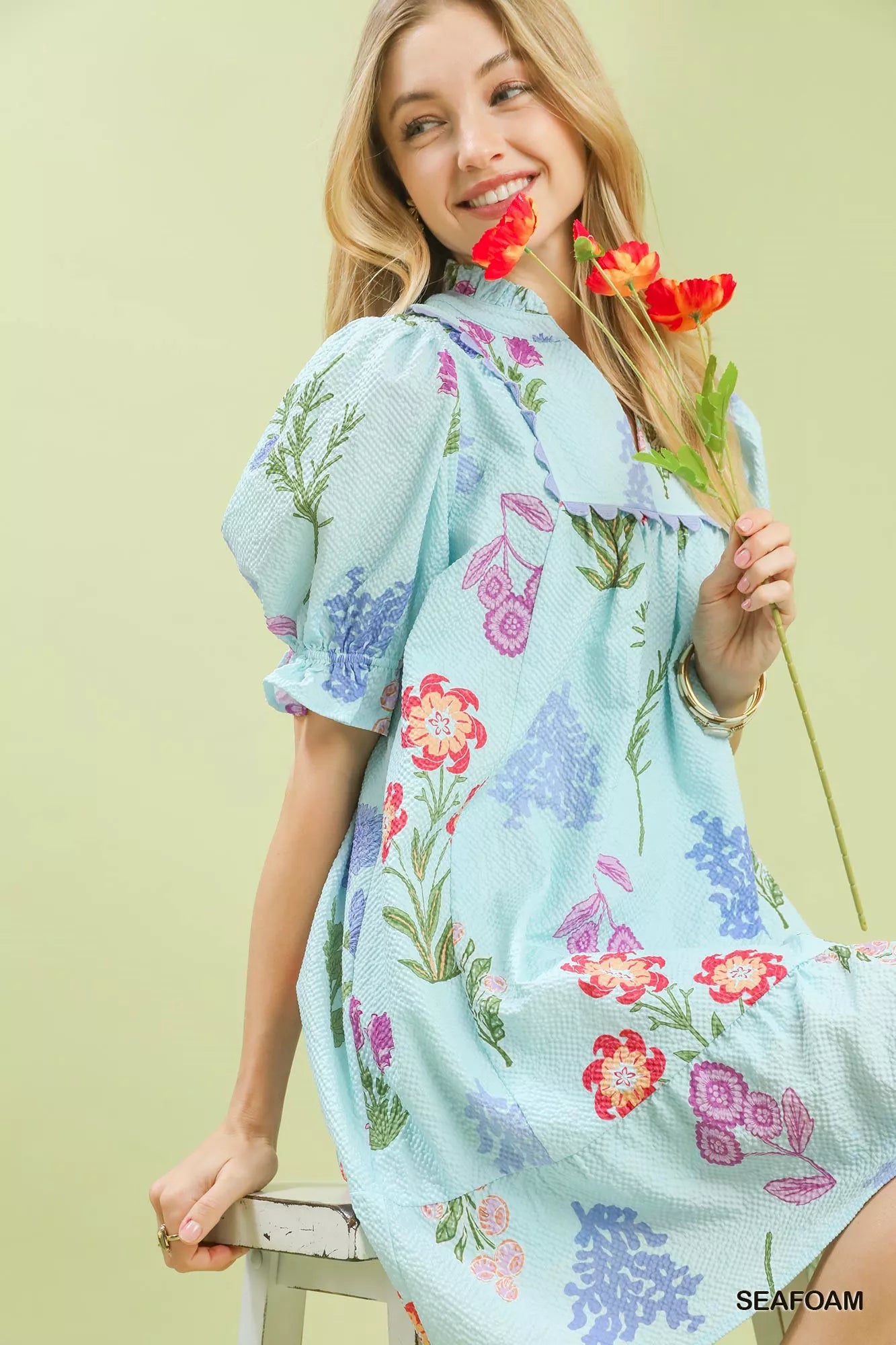 Umgee Multi Flower Print V-Neck Dress
