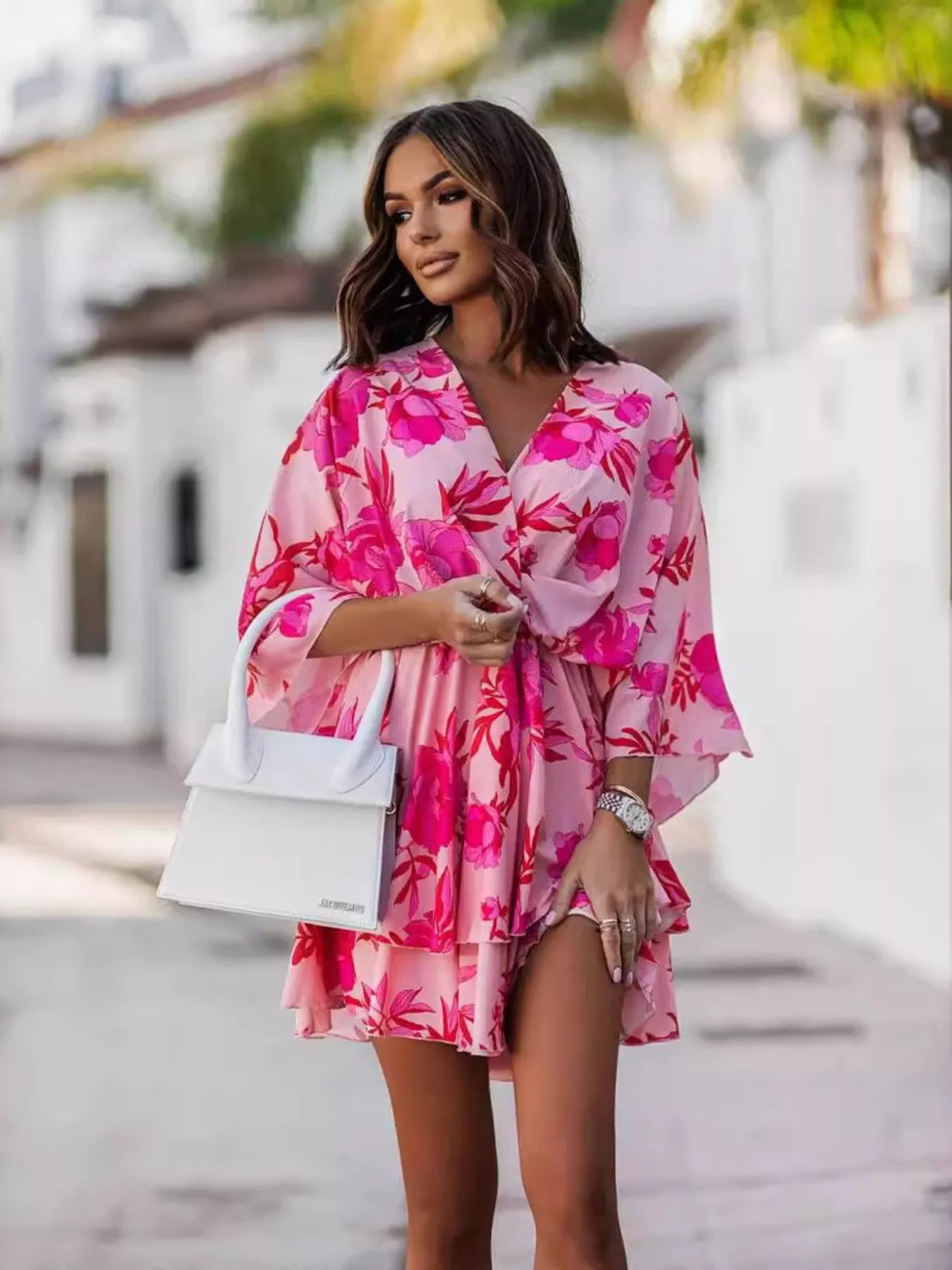 Layered Printed Surplice Mini Dress