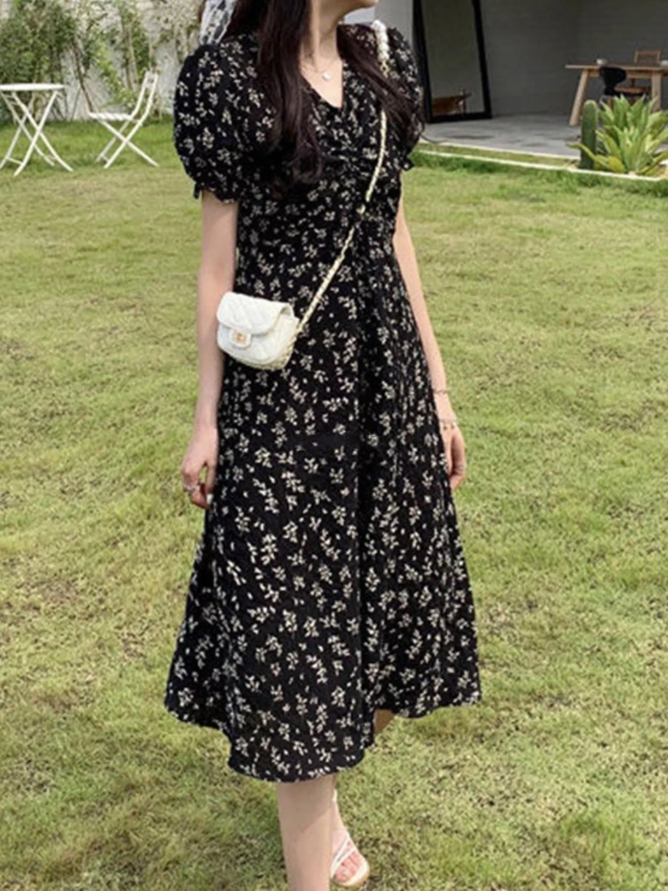 Floral Print Puff Sleeve Midi Dress