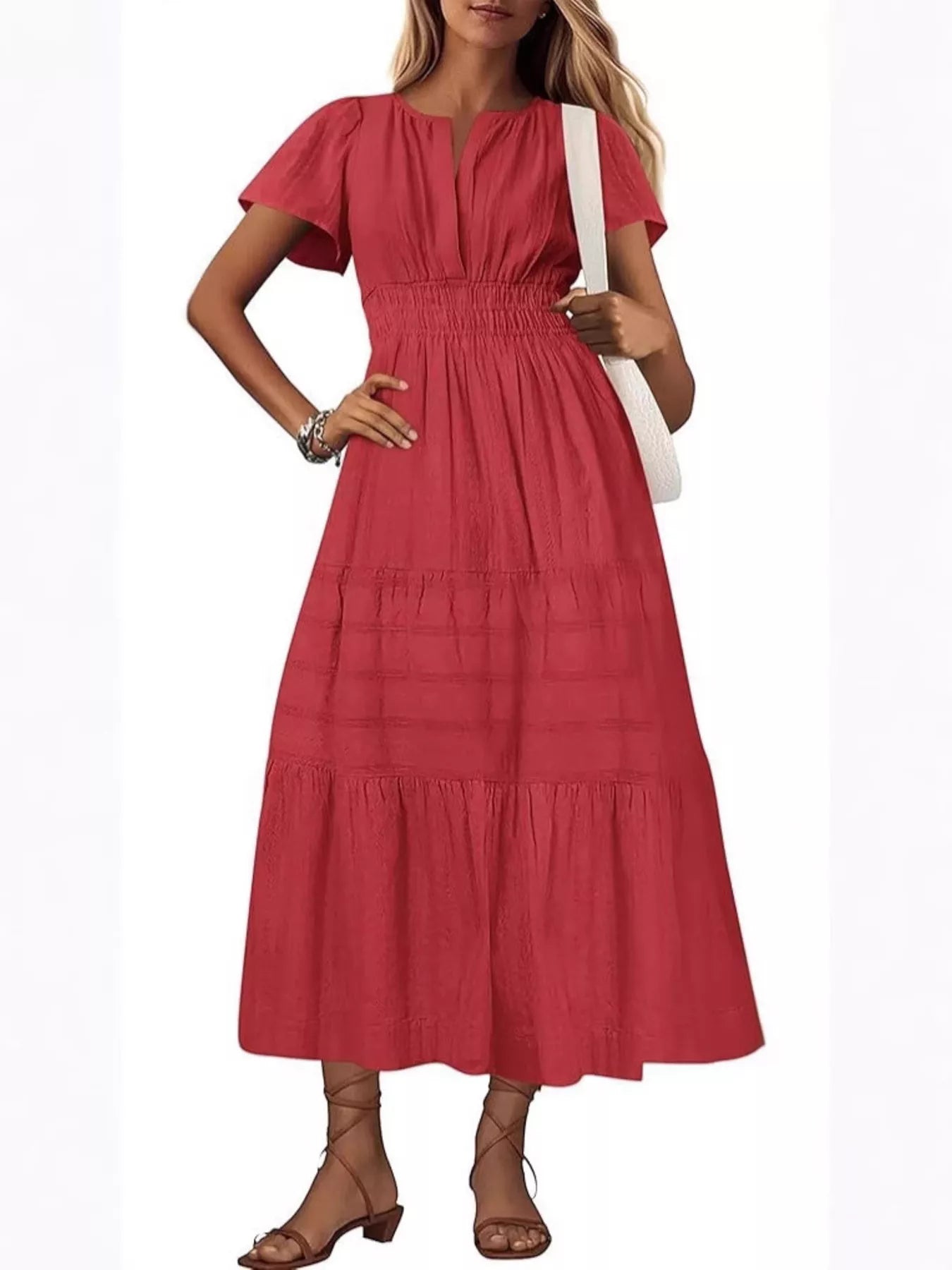 Full Size Short Sleeve Tiered Midi Dress Plus Size