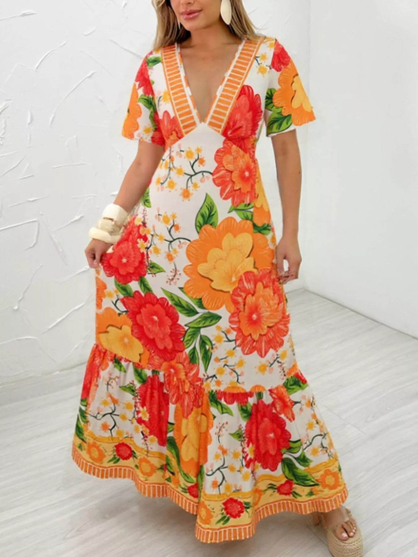 Floral Print V-Neck Maxi Dress