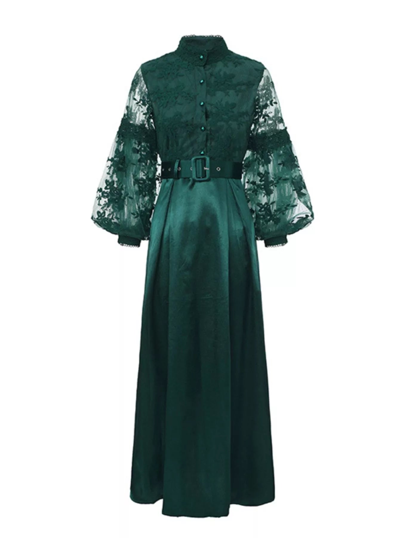 Lace Lantern Sleeve Belted Maxi Dress